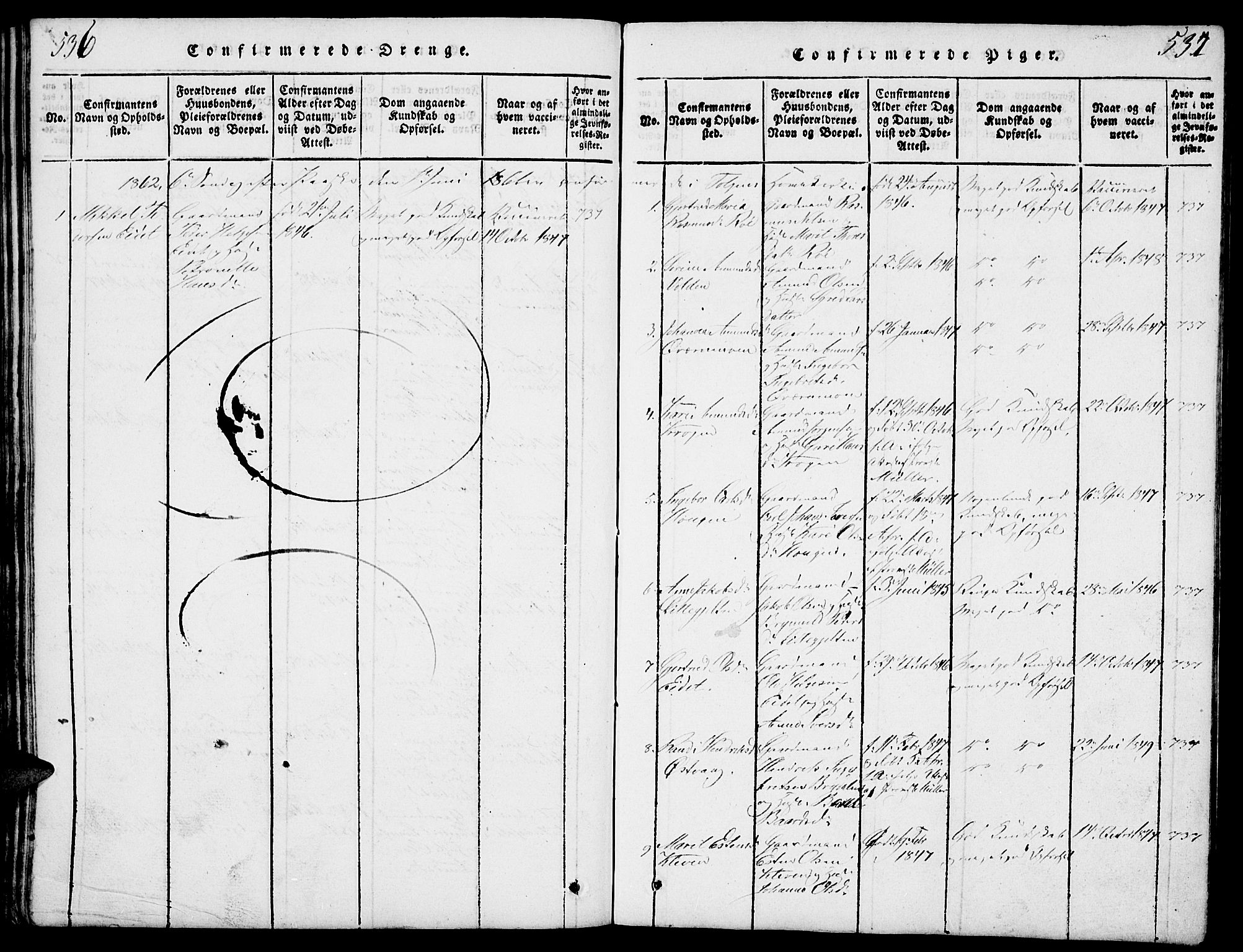 Tolga prestekontor, SAH/PREST-062/L/L0003: Parish register (copy) no. 3, 1815-1862, p. 536-537