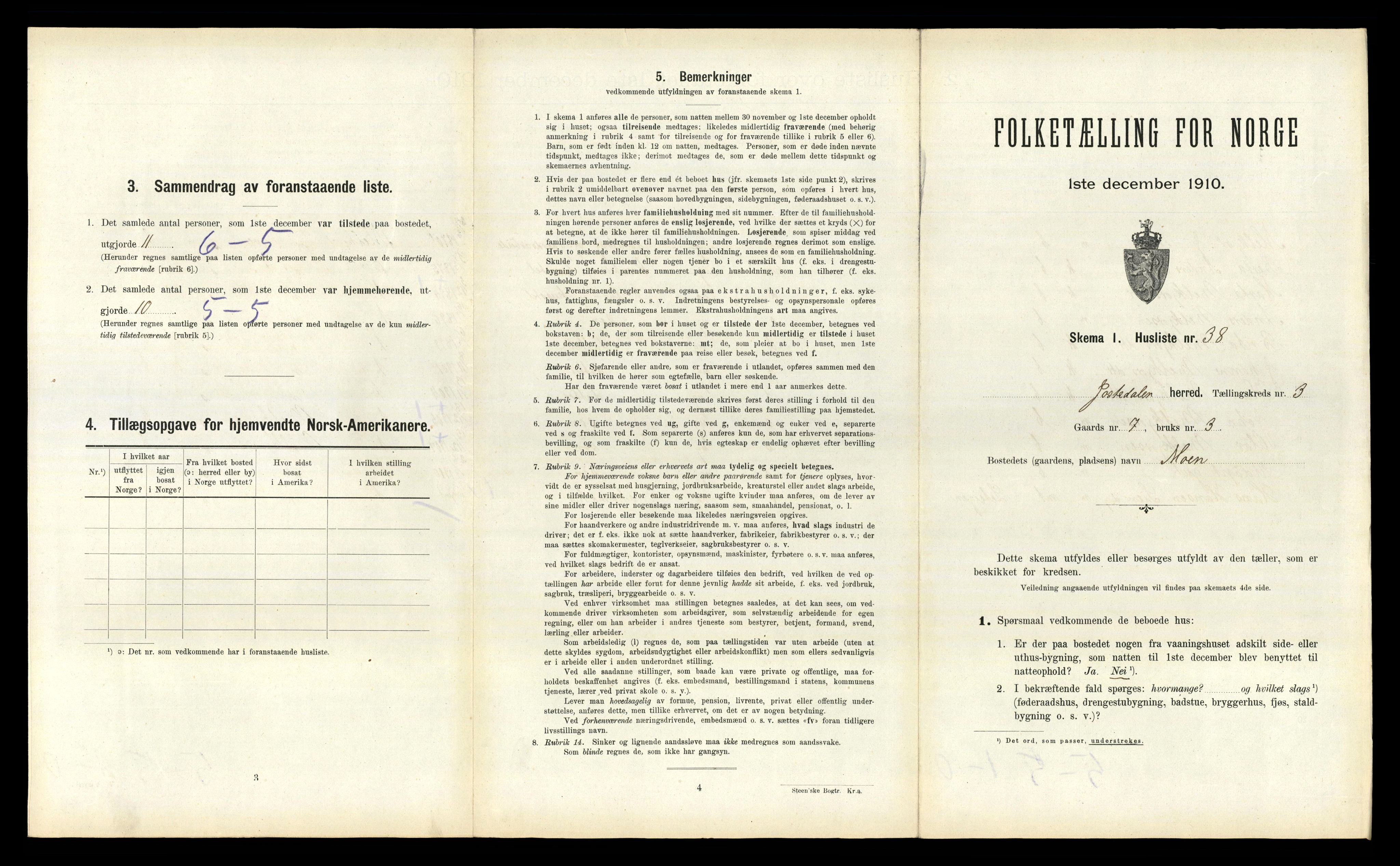 RA, 1910 census for Jostedal, 1910, p. 197