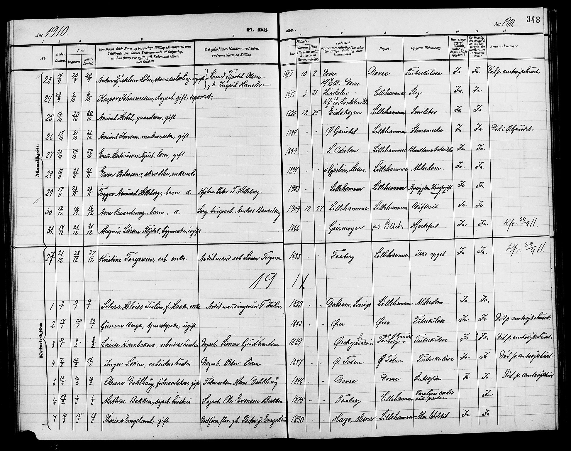 Lillehammer prestekontor, AV/SAH-PREST-088/H/Ha/Hab/L0001: Parish register (copy) no. 1, 1901-1913, p. 343