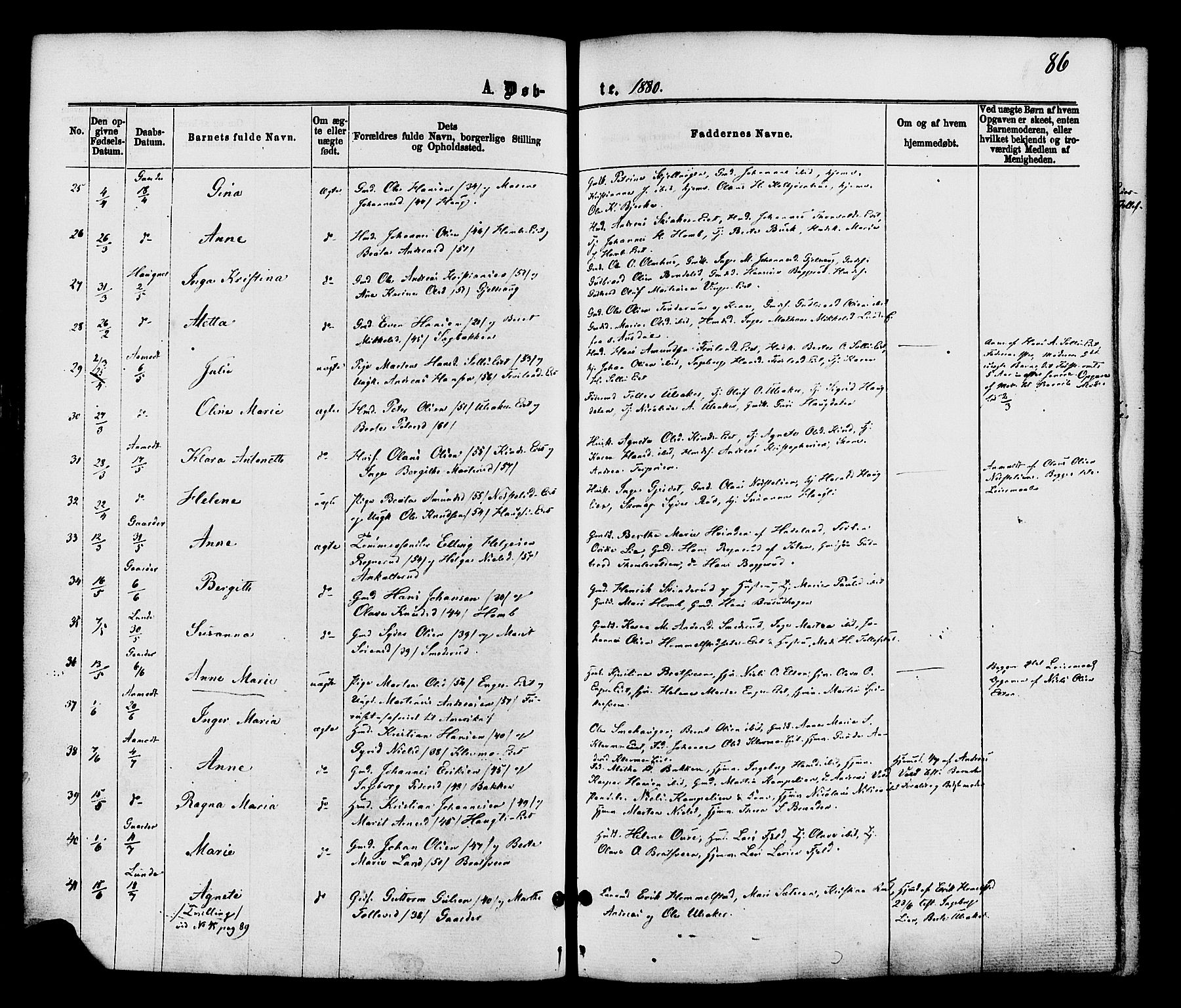 Nordre Land prestekontor, AV/SAH-PREST-124/H/Ha/Haa/L0002: Parish register (official) no. 2, 1872-1881, p. 86