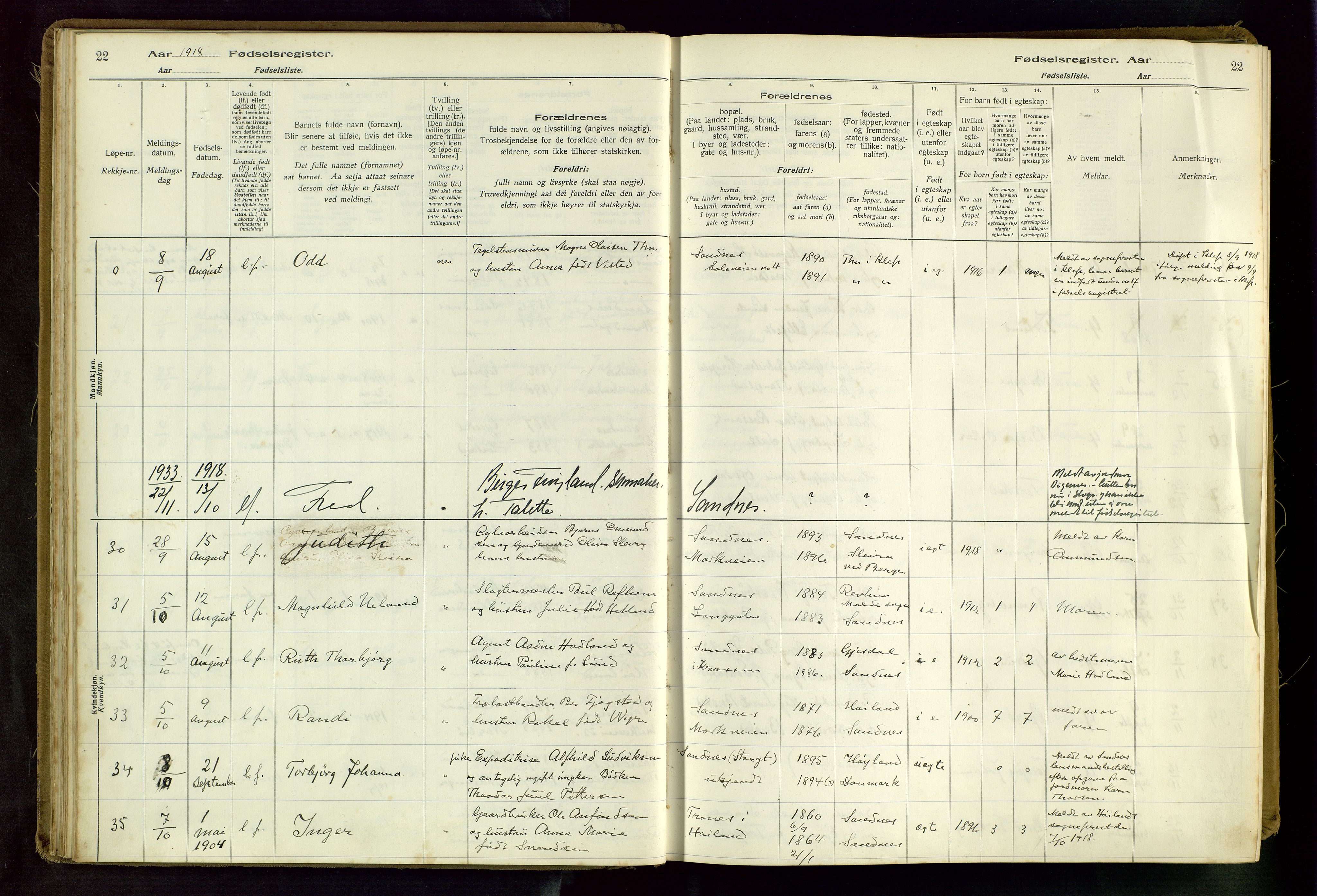 Sandnes sokneprestkontor, AV/SAST-A-101800/704BA/L0001: Birth register no. 1, 1916-1942, p. 22