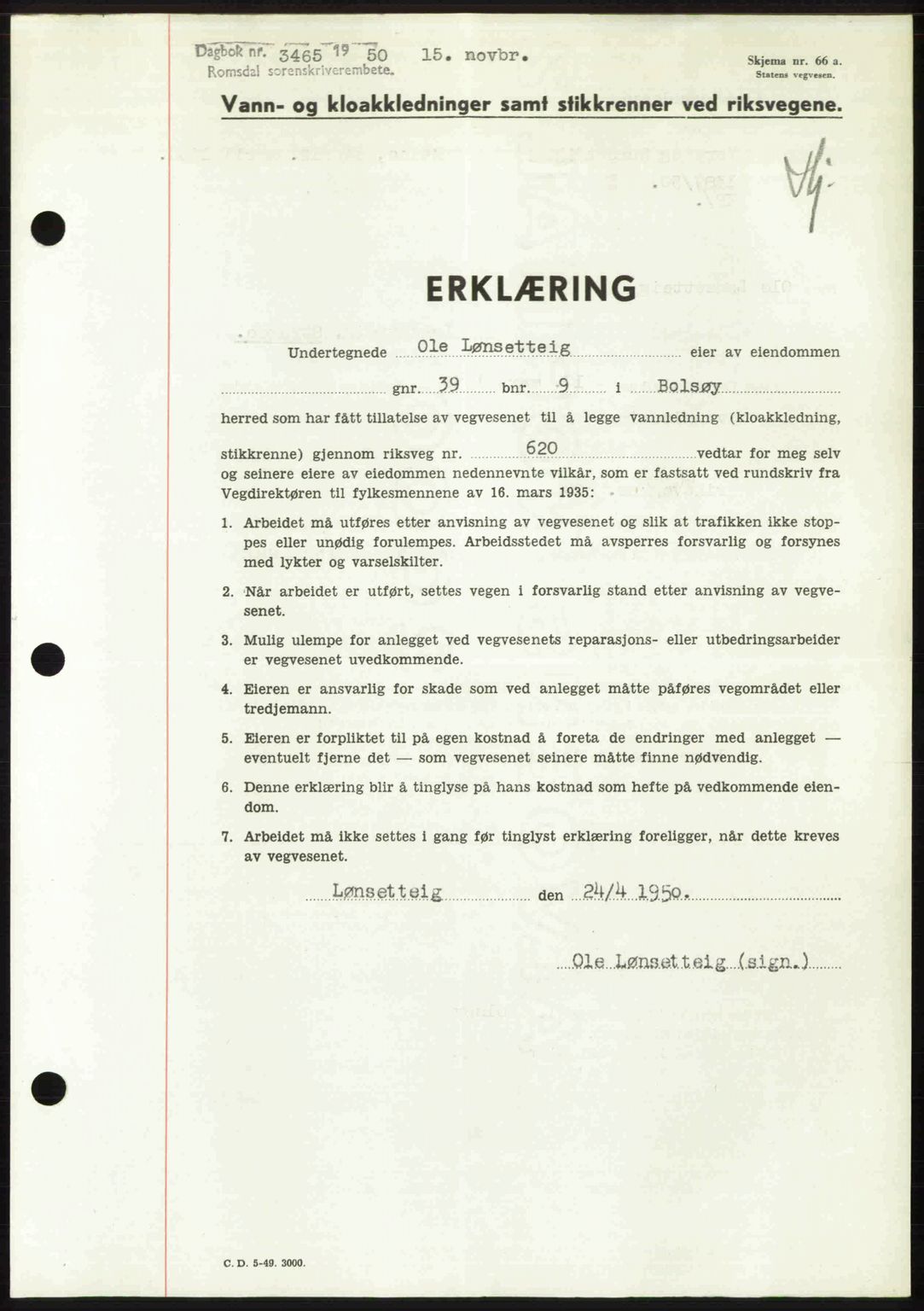 Romsdal sorenskriveri, AV/SAT-A-4149/1/2/2C: Mortgage book no. A34, 1950-1950, Diary no: : 3465/1950