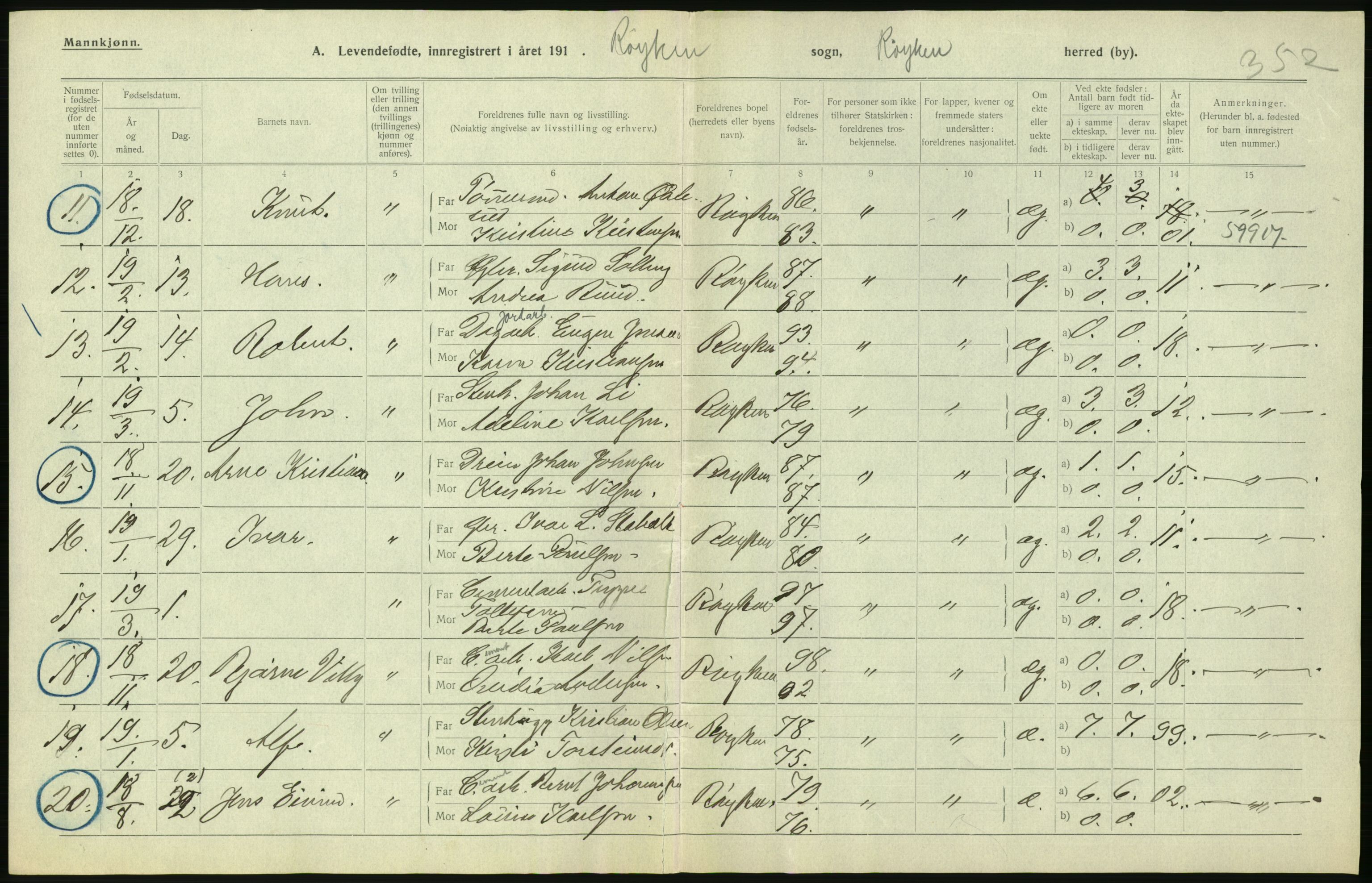 Statistisk sentralbyrå, Sosiodemografiske emner, Befolkning, RA/S-2228/D/Df/Dfb/Dfbi/L0016: Buskerud fylke: Levendefødte menn og kvinner. Bygder., 1919, p. 328