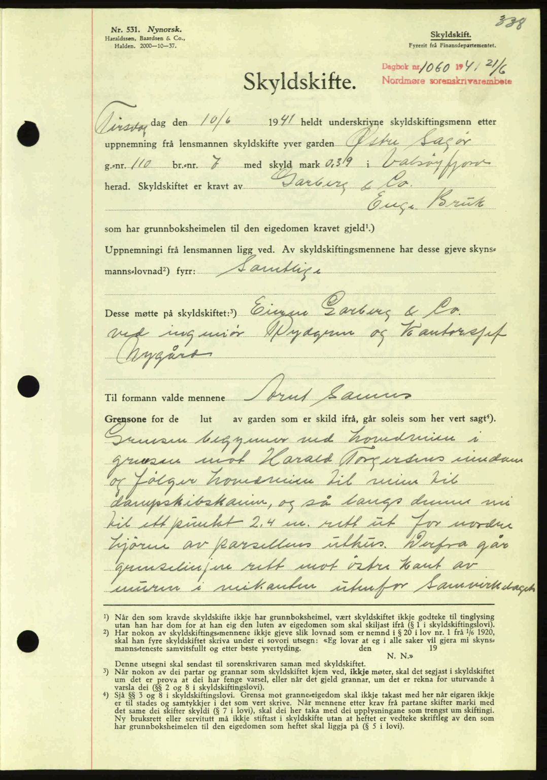 Nordmøre sorenskriveri, SAT/A-4132/1/2/2Ca: Mortgage book no. A90, 1941-1941, Diary no: : 1060/1941