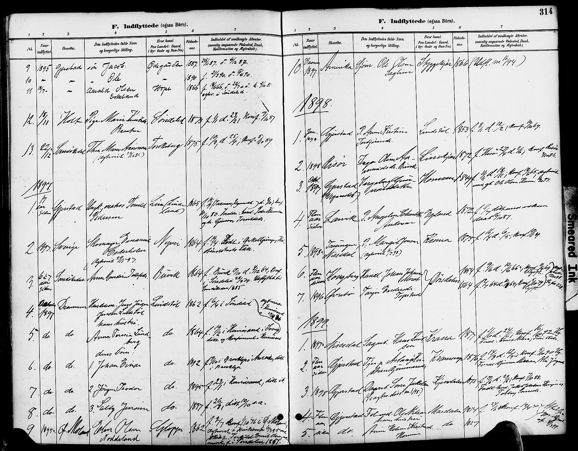 Søndeled sokneprestkontor, SAK/1111-0038/F/Fa/L0005: Parish register (official) no. A 5, 1889-1899, p. 314