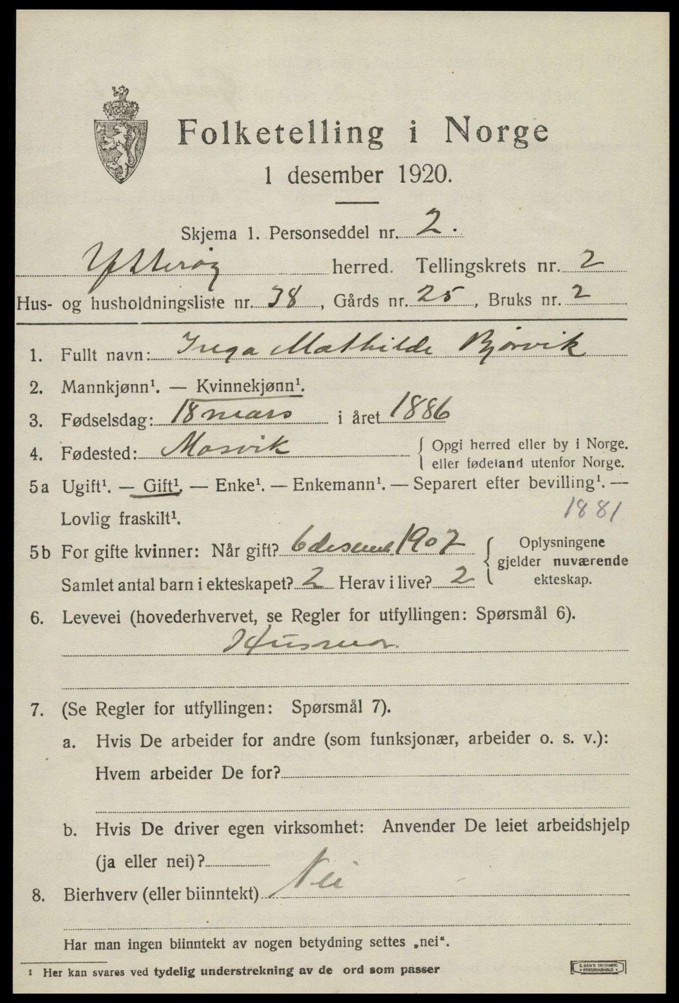 SAT, 1920 census for Ytterøy, 1920, p. 1431