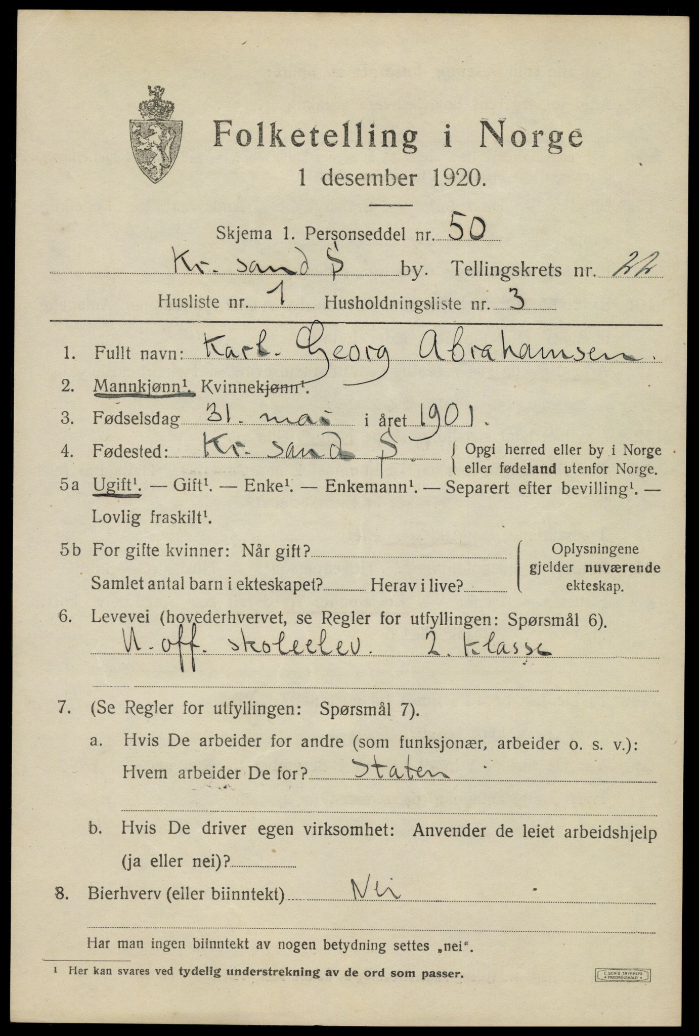 SAK, 1920 census for Kristiansand, 1920, p. 38503