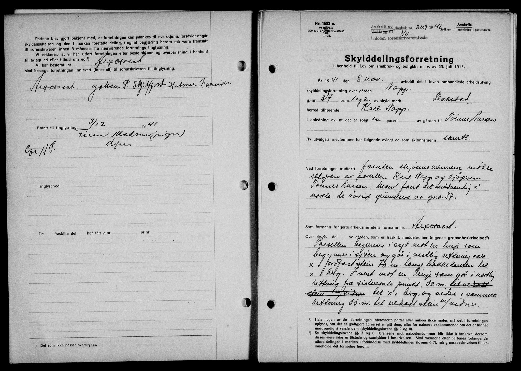 Lofoten sorenskriveri, SAT/A-0017/1/2/2C/L0009a: Mortgage book no. 9a, 1941-1942, Diary no: : 2109/1941