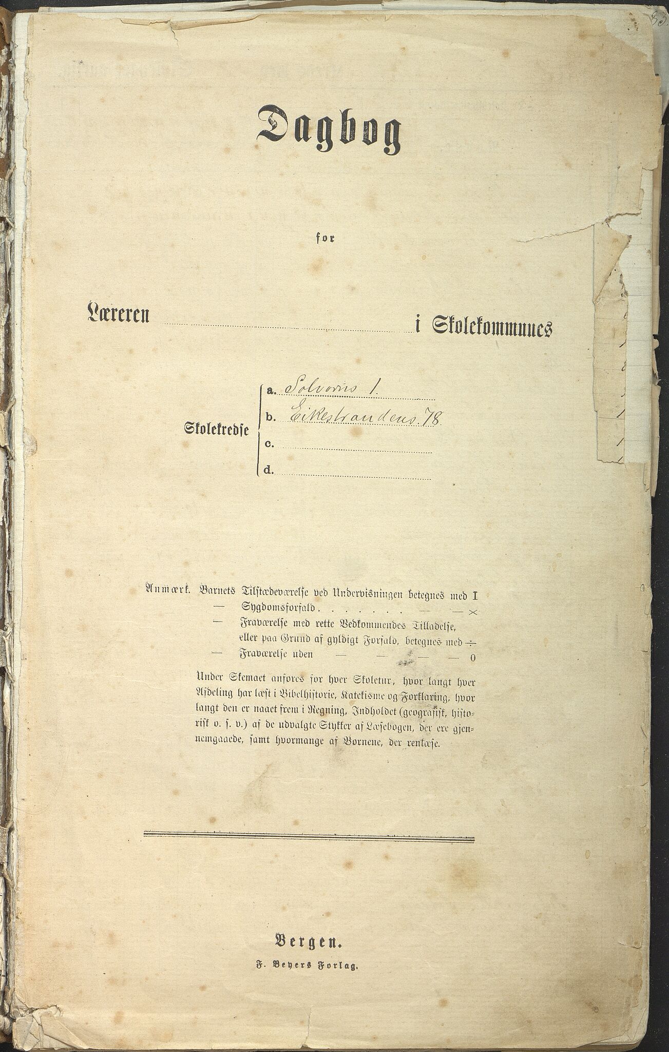 Hafslo kommune. Eikestrand skulekrins, VLFK/K-14250.520.19/543/L0001: dagbok for Solvorn skule og Eikestrand krins, 1878-1893