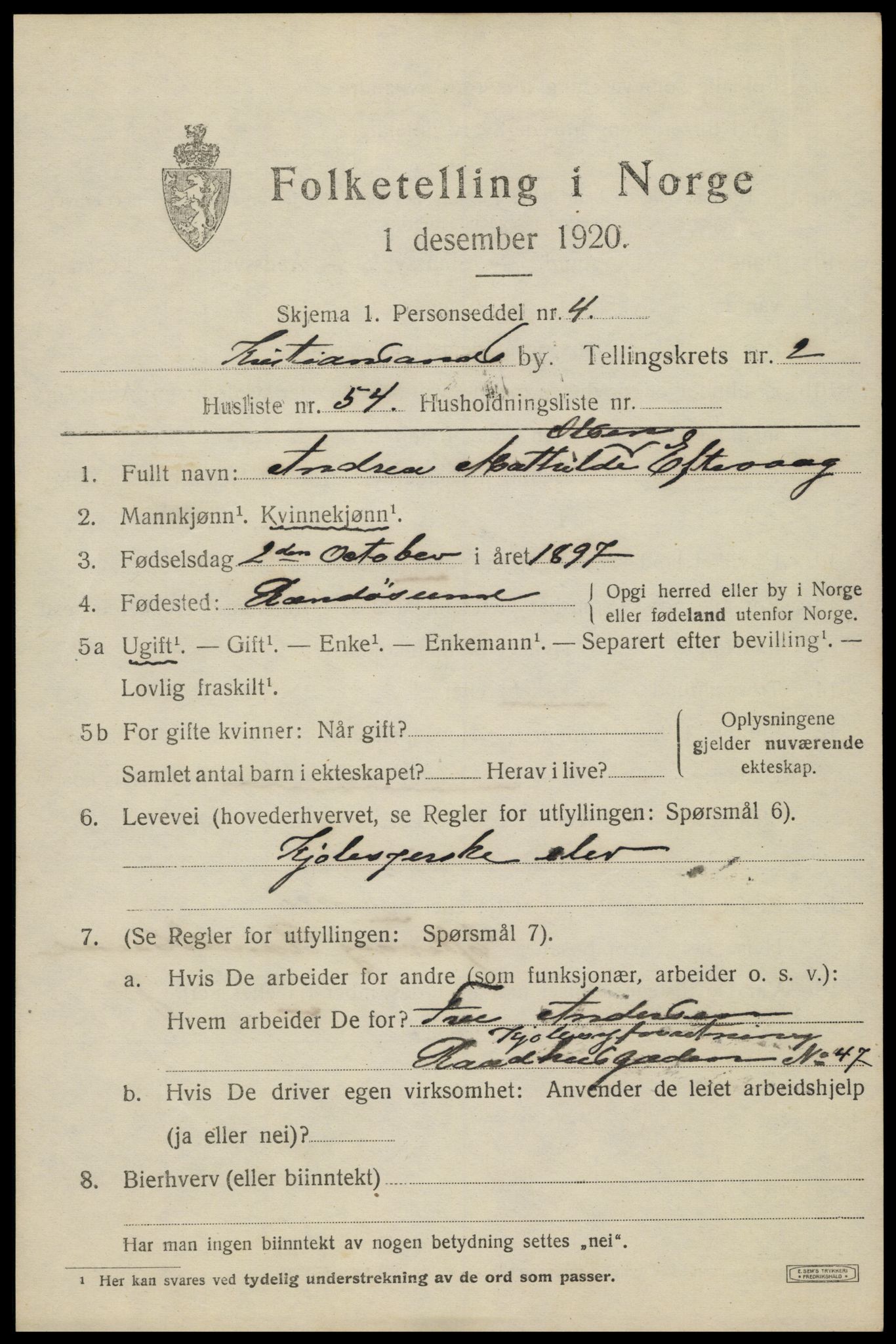 SAK, 1920 census for Kristiansand, 1920, p. 13463