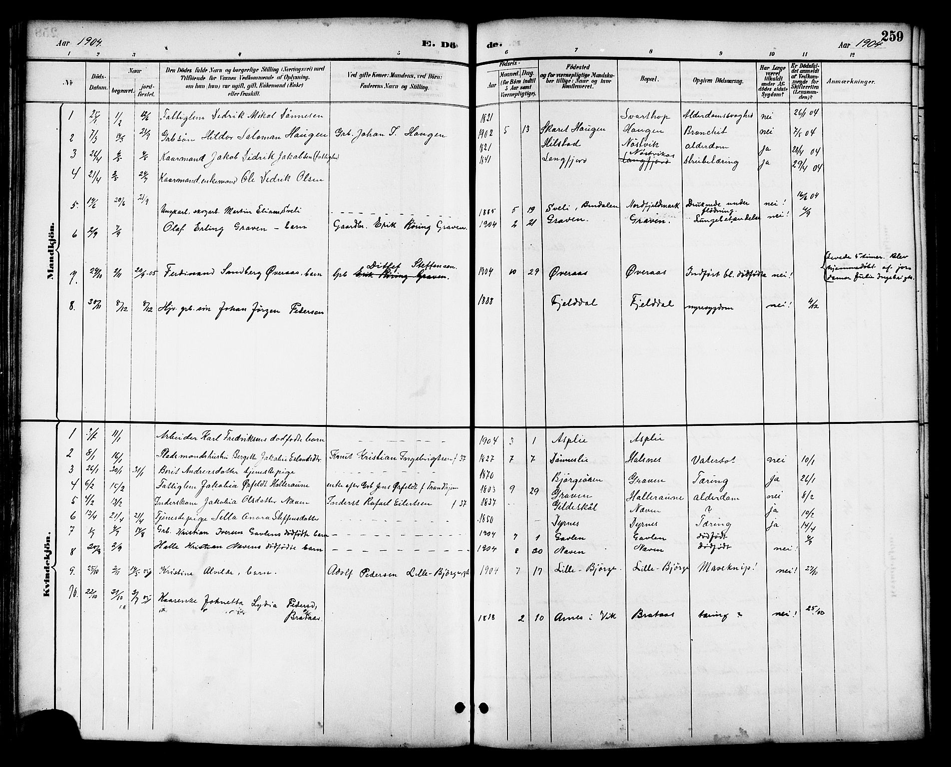 Ministerialprotokoller, klokkerbøker og fødselsregistre - Nordland, AV/SAT-A-1459/814/L0230: Parish register (copy) no. 814C03, 1884-1911, p. 259