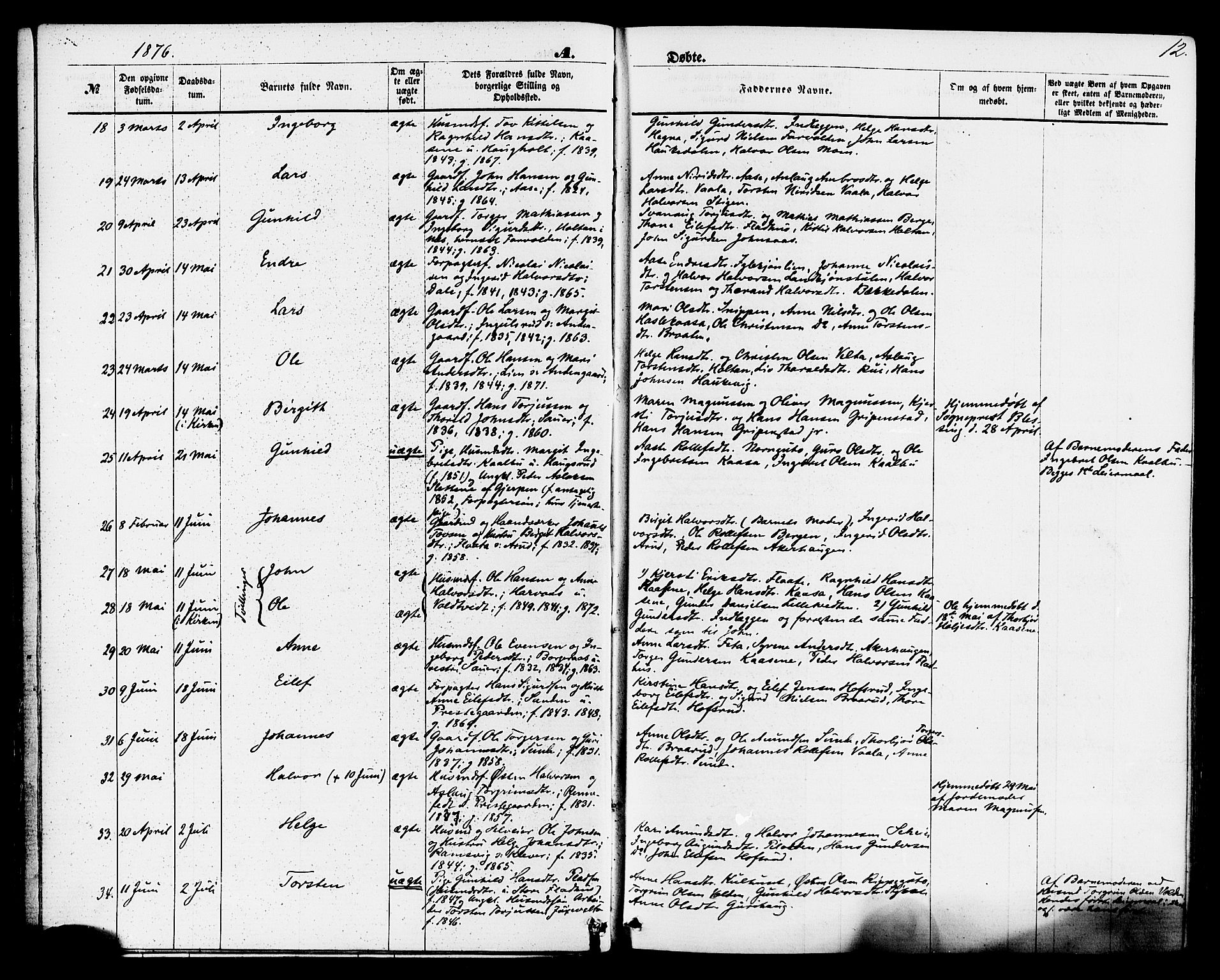 Sauherad kirkebøker, AV/SAKO-A-298/F/Fa/L0008: Parish register (official) no. I 8, 1873-1886, p. 12