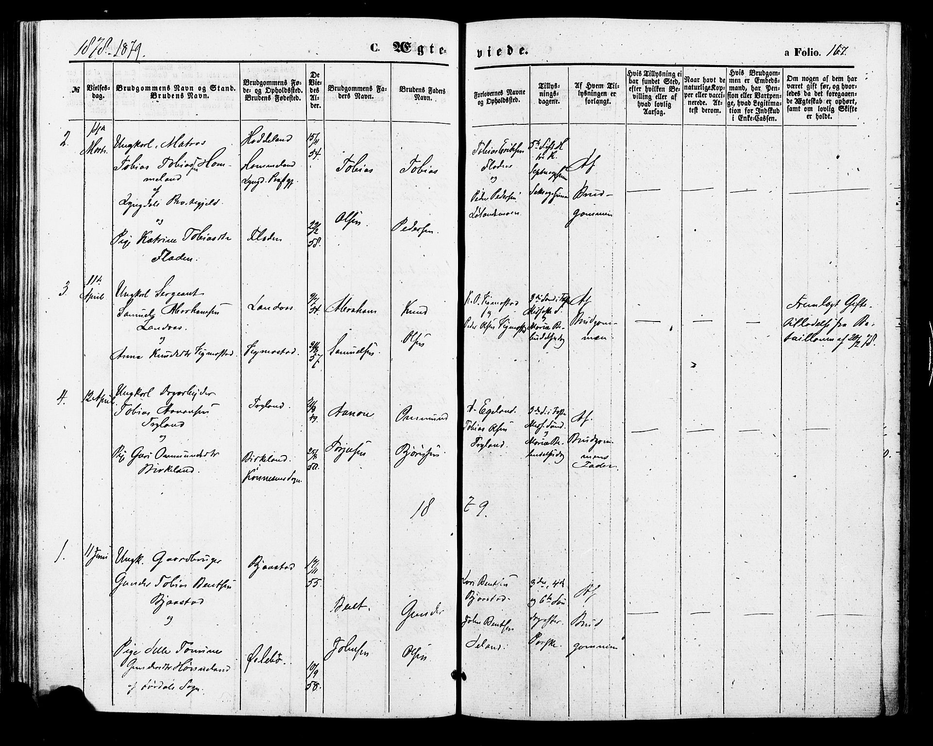 Nord-Audnedal sokneprestkontor, AV/SAK-1111-0032/F/Fa/Fab/L0002: Parish register (official) no. A 2, 1859-1882, p. 167