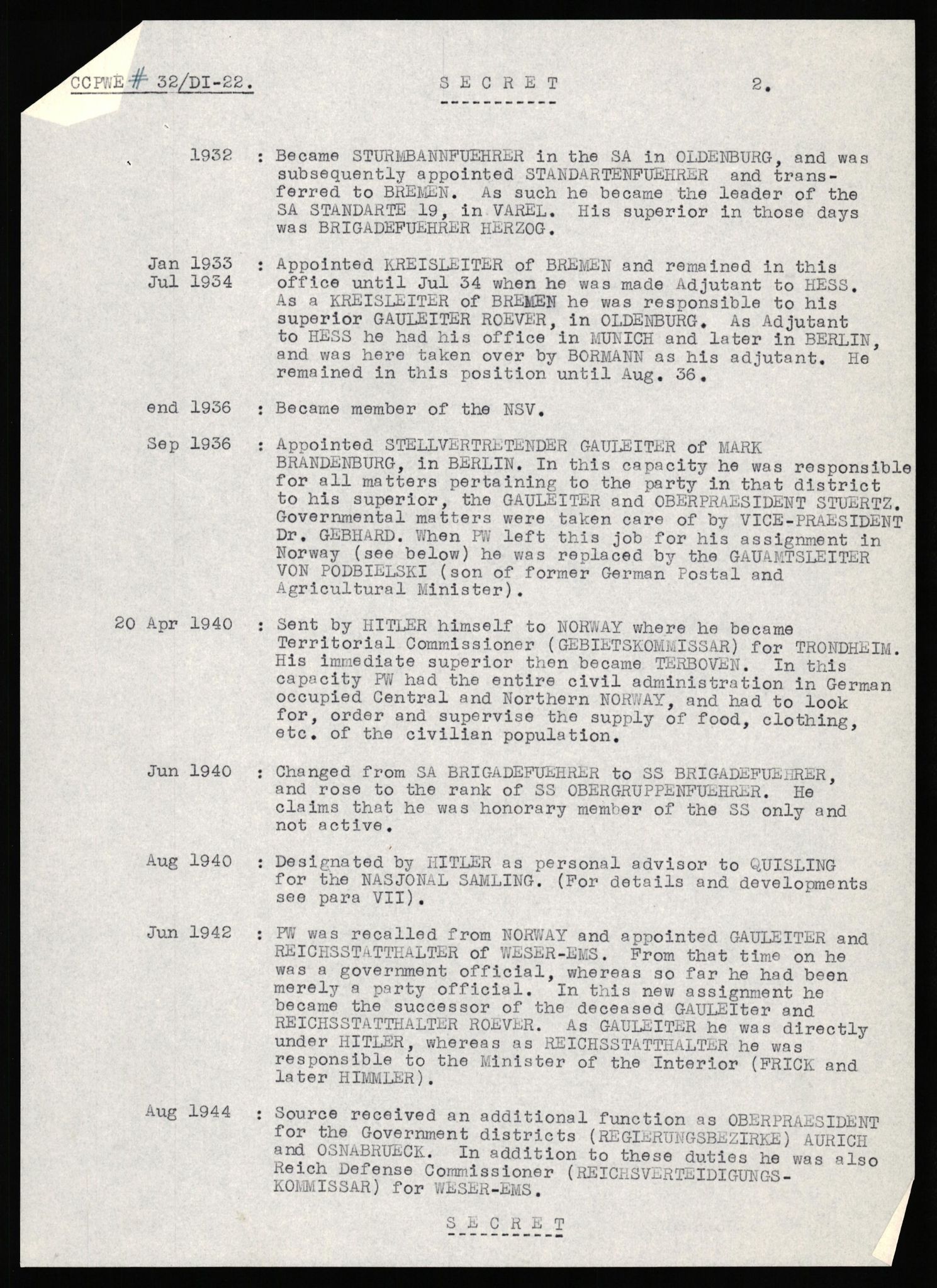 Forsvaret, Forsvarets overkommando II, RA/RAFA-3915/D/Db/L0035: CI Questionaires. Tyske okkupasjonsstyrker i Norge. Tyskere., 1945-1946, p. 72