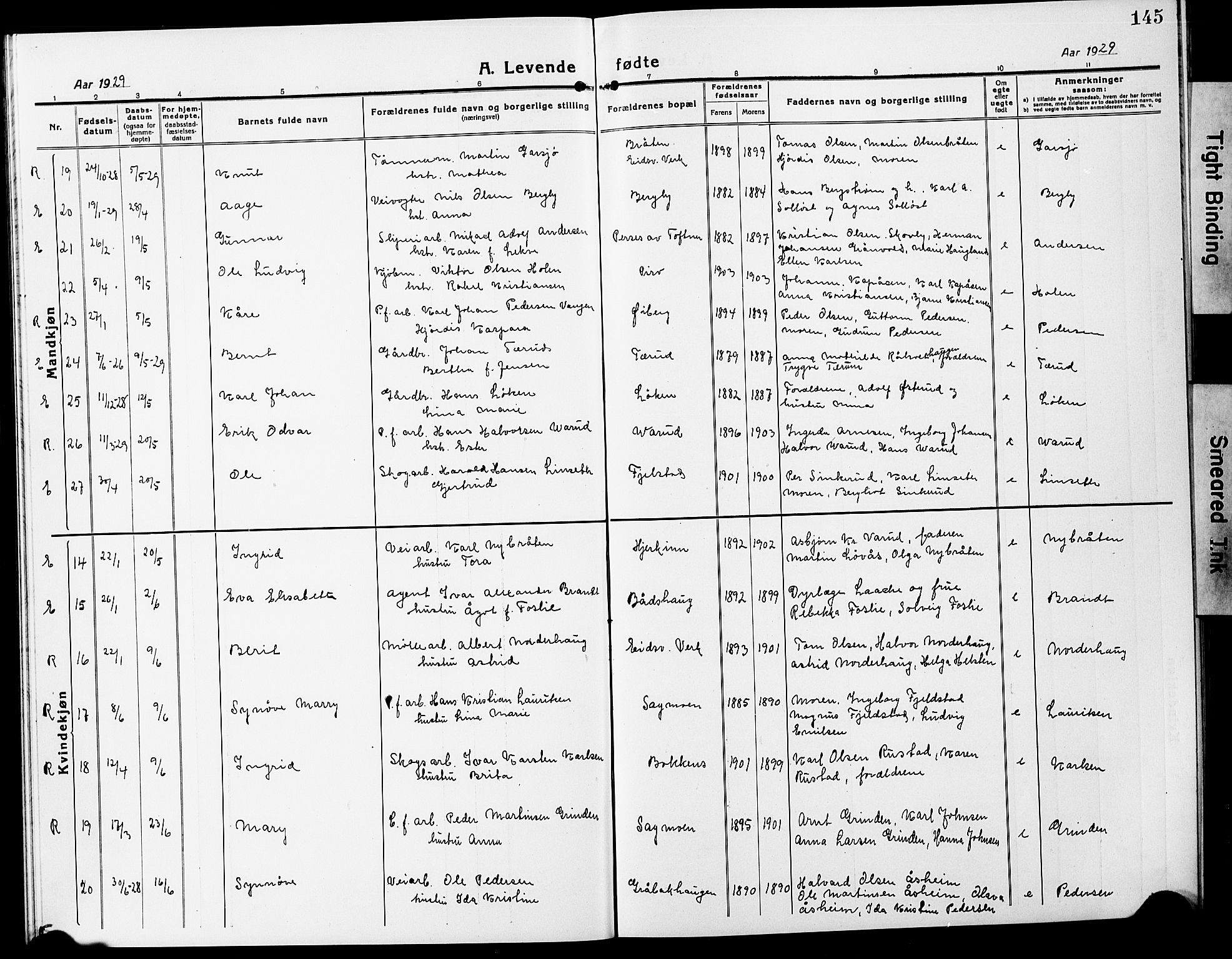 Eidsvoll prestekontor Kirkebøker, AV/SAO-A-10888/G/Ga/L0010: Parish register (copy) no. I 10, 1919-1929, p. 145