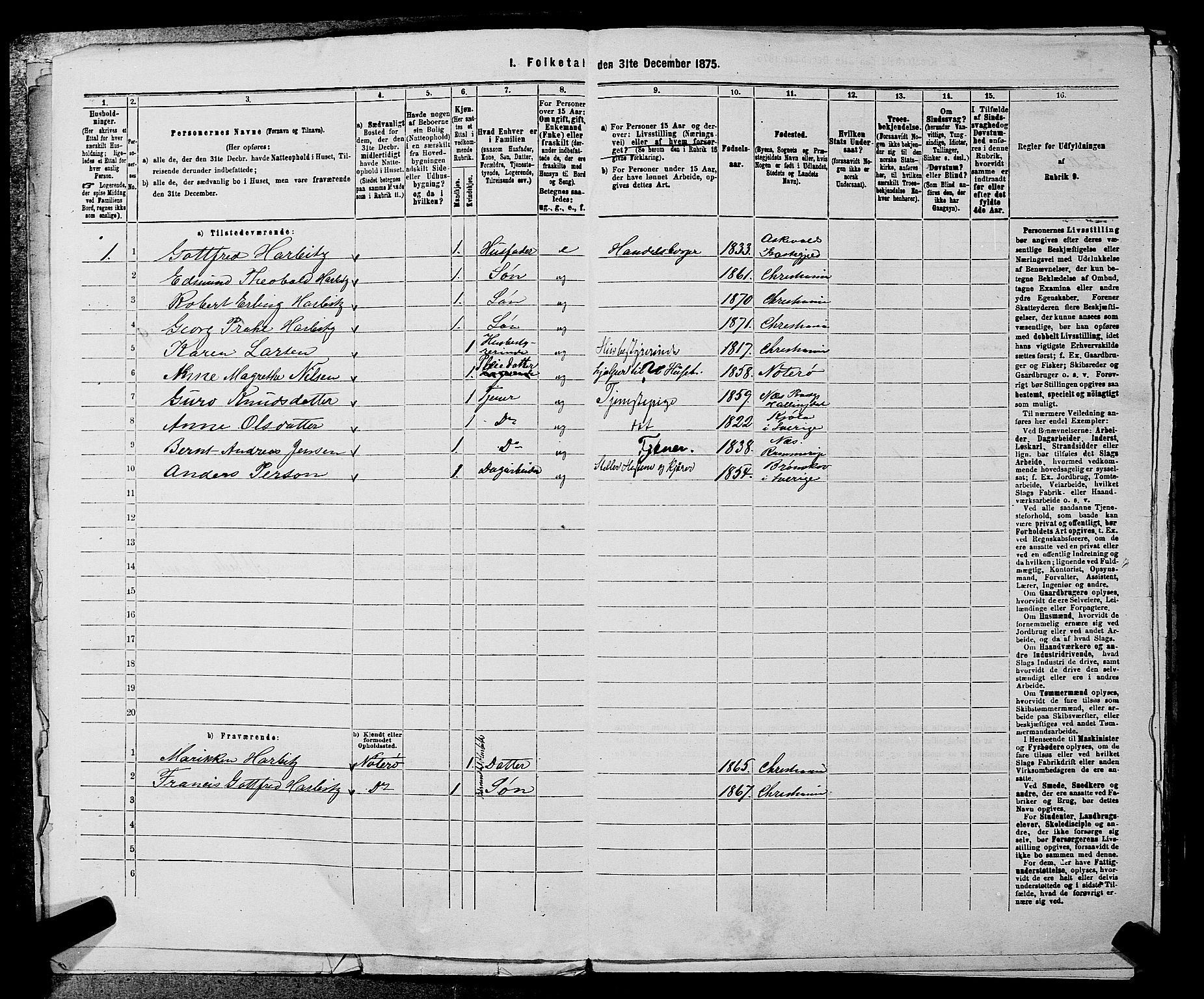 RA, 1875 census for 0218aP Vestre Aker, 1875, p. 179