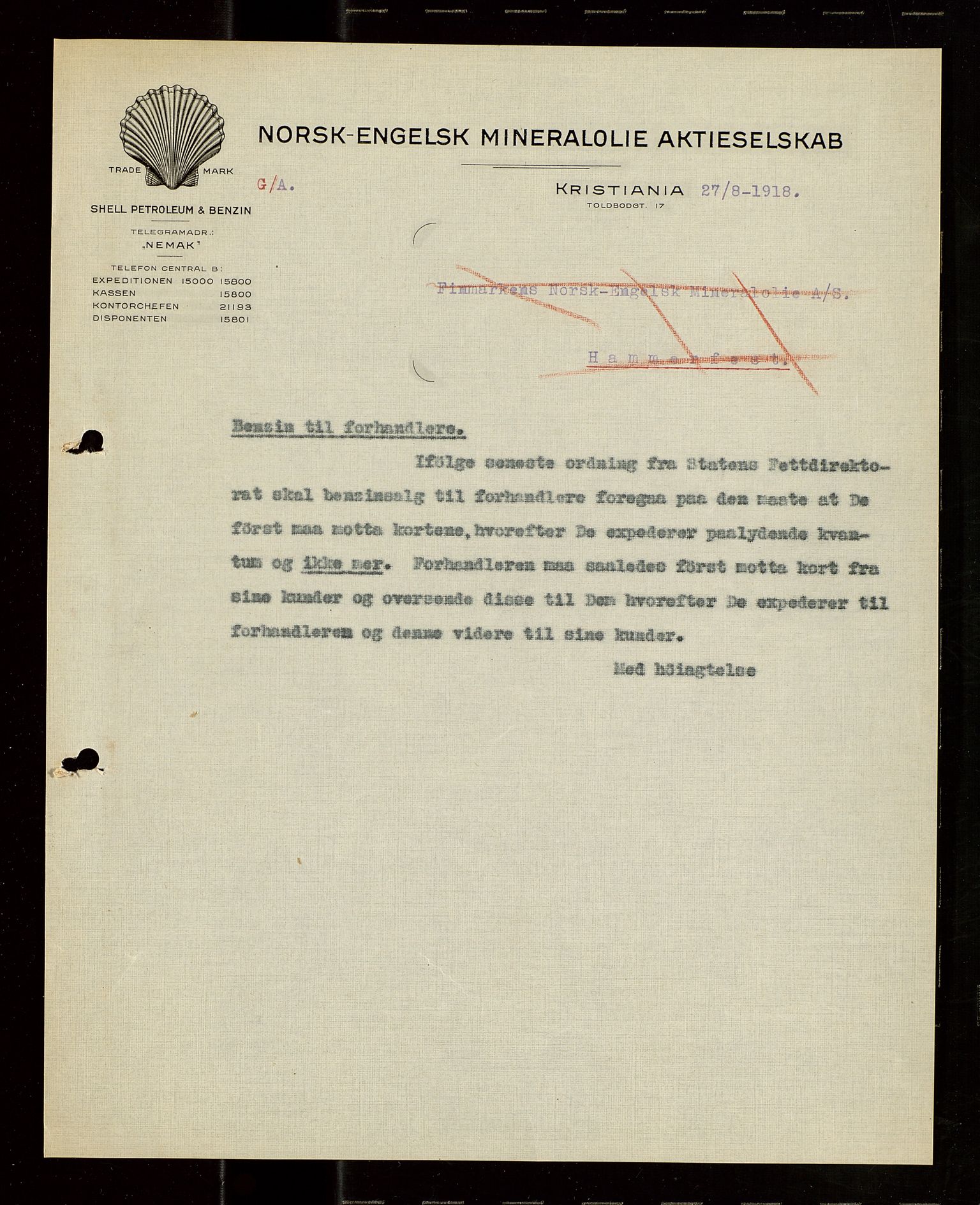Pa 1521 - A/S Norske Shell, SAST/A-101915/E/Ea/Eaa/L0021: Sjefskorrespondanse, 1918, p. 77