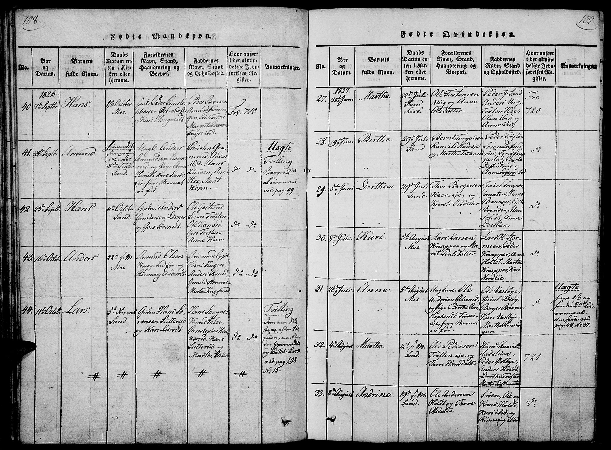 Nord-Odal prestekontor, AV/SAH-PREST-032/H/Ha/Haa/L0001: Parish register (official) no. 1, 1819-1838, p. 108-109