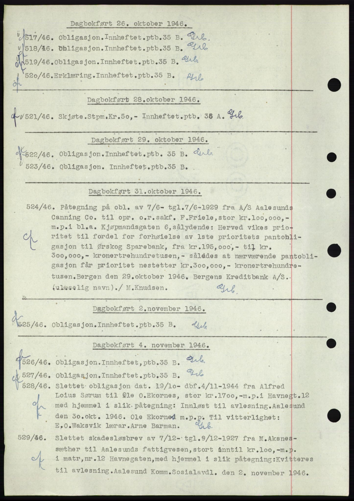 Ålesund byfogd, AV/SAT-A-4384: Mortgage book no. C34-35, 1946-1950, Diary no: : 517/1946