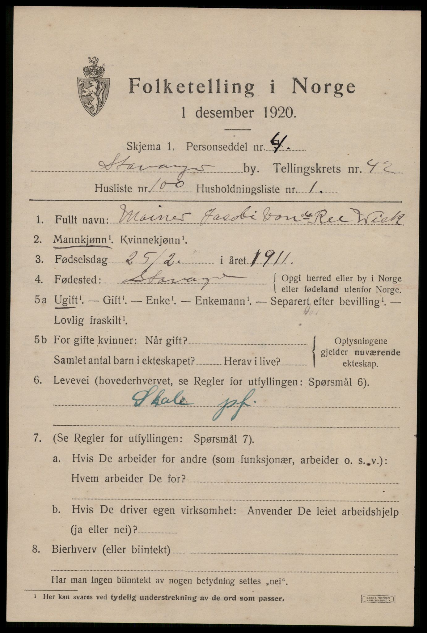 SAST, 1920 census for Stavanger, 1920, p. 106802