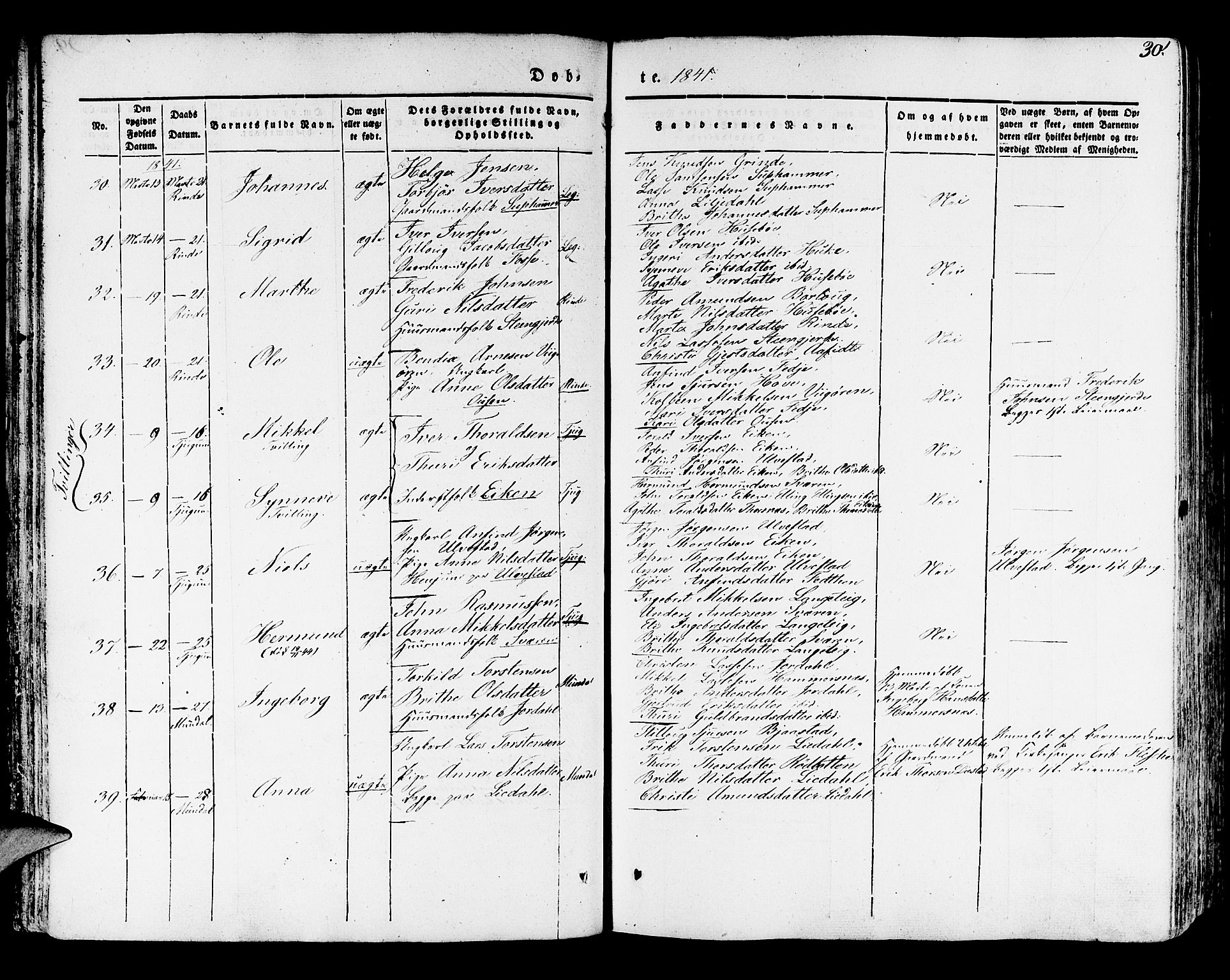 Leikanger sokneprestembete, AV/SAB-A-81001/H/Haa/Haaa/L0007: Parish register (official) no. A 7, 1838-1851, p. 30