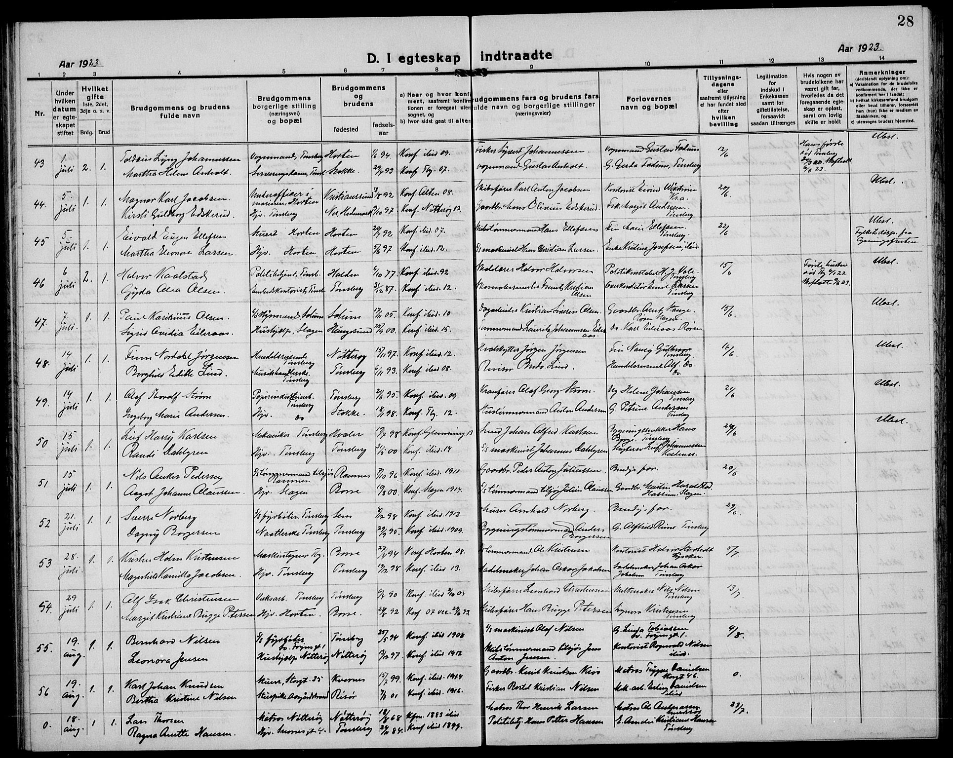 Tønsberg kirkebøker, AV/SAKO-A-330/G/Ga/L0016: Parish register (copy) no. 16, 1920-1933, p. 28