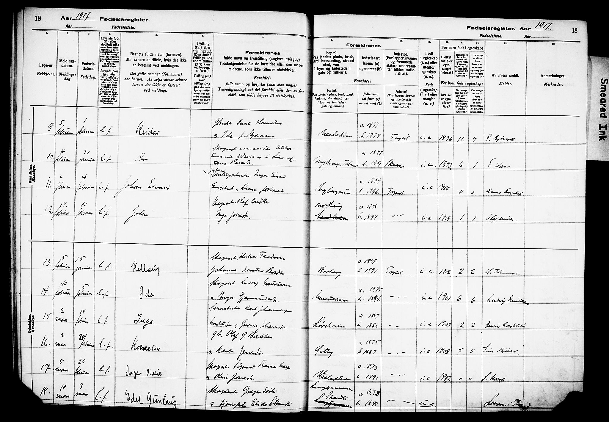 Trysil prestekontor, AV/SAH-PREST-046/I/Id/Ida/L0001: Birth register no. I 1, 1916-1927, p. 18