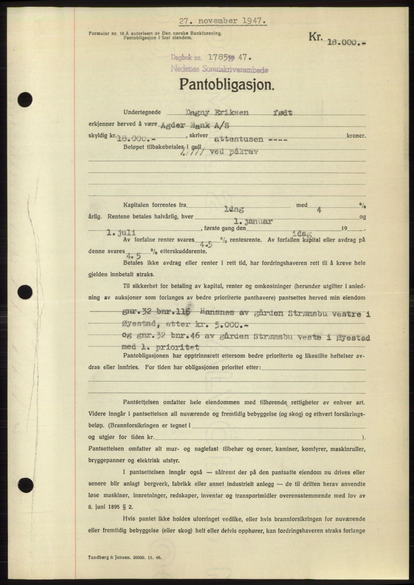 Nedenes sorenskriveri, AV/SAK-1221-0006/G/Gb/Gbb/L0004: Mortgage book no. B4, 1947-1947, Diary no: : 1785/1947