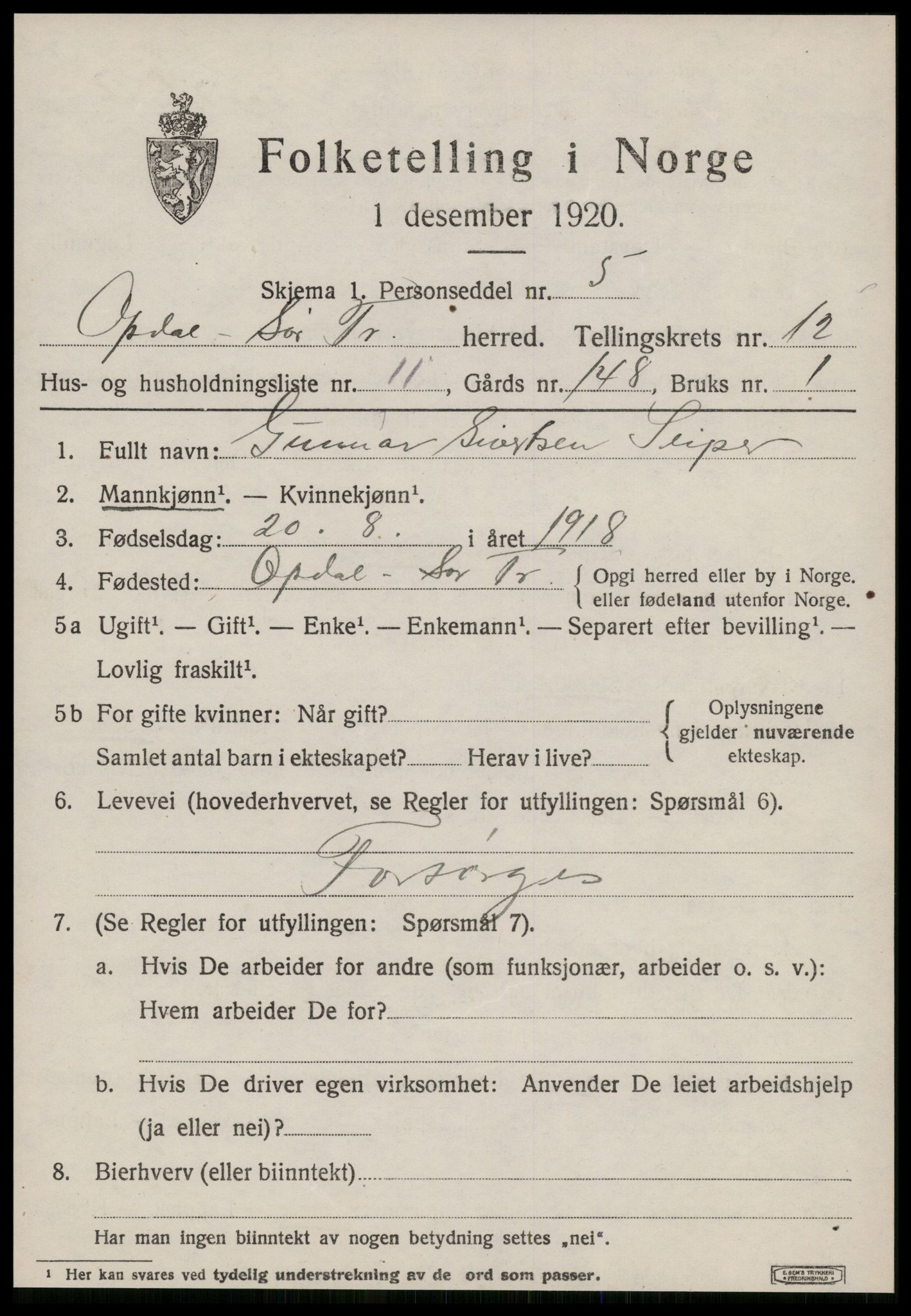 SAT, 1920 census for Oppdal, 1920, p. 10311