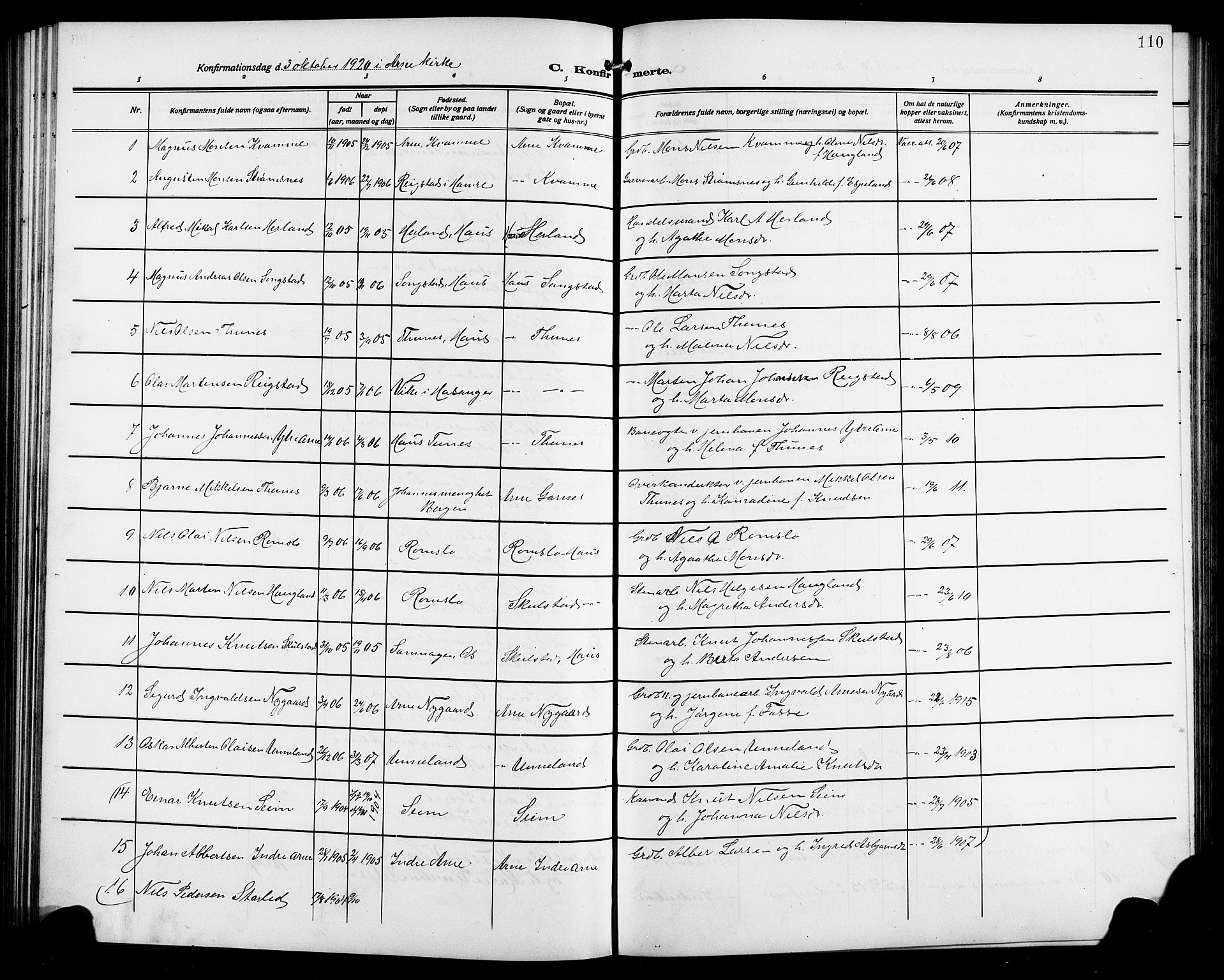 Arna sokneprestembete, AV/SAB-A-74001/H/Ha/Hab: Parish register (copy) no. A 5, 1911-1921, p. 110