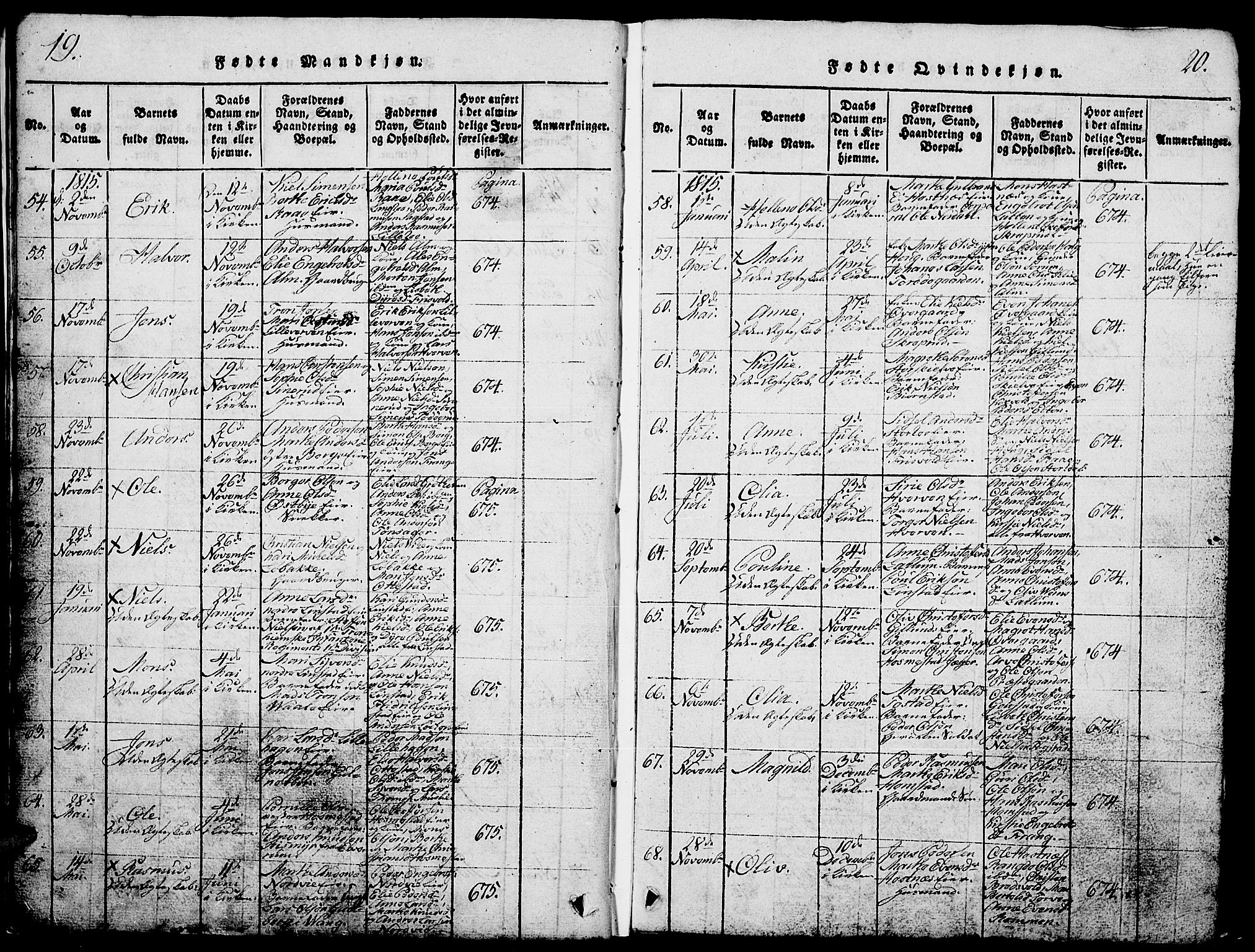 Stange prestekontor, SAH/PREST-002/L/L0001: Parish register (copy) no. 1, 1814-1825, p. 19-20