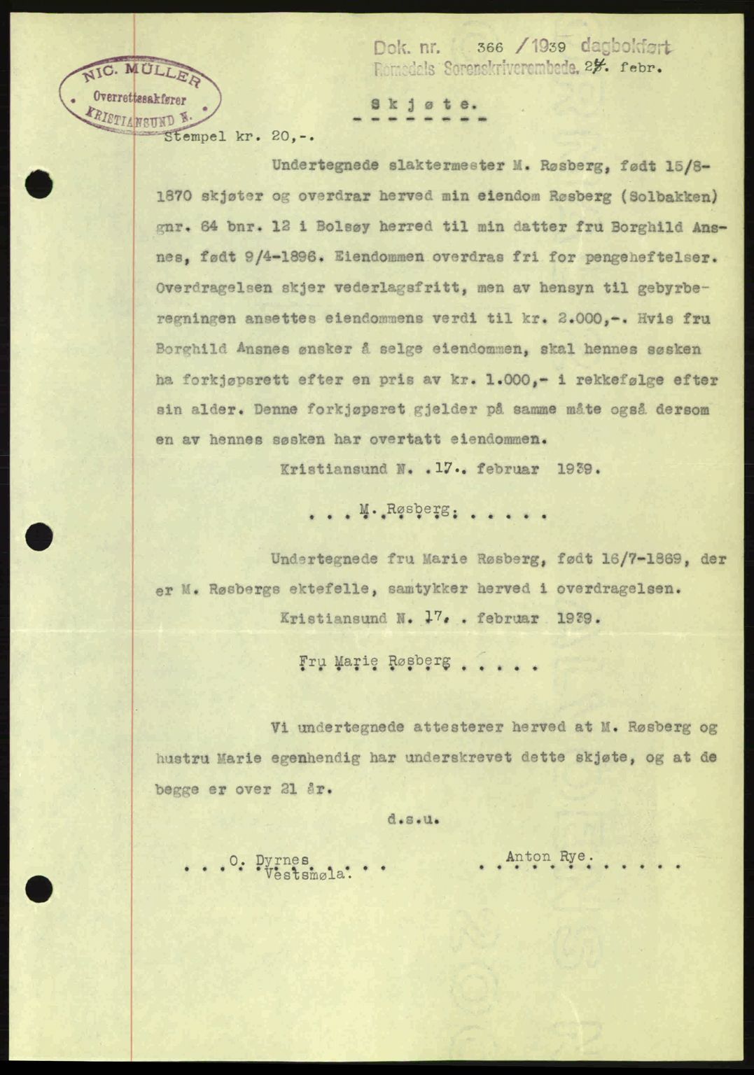 Romsdal sorenskriveri, AV/SAT-A-4149/1/2/2C: Mortgage book no. A6, 1938-1939, Diary no: : 366/1939