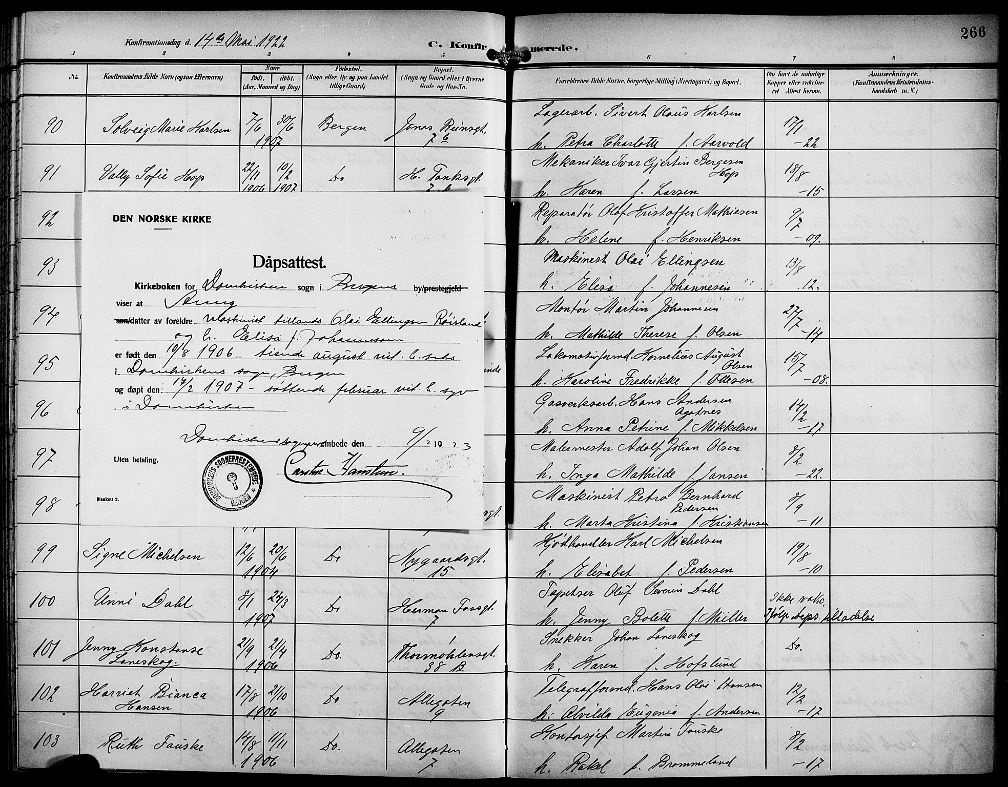 Johanneskirken sokneprestembete, SAB/A-76001/H/Hab: Parish register (copy) no. B 2, 1907-1924, p. 266