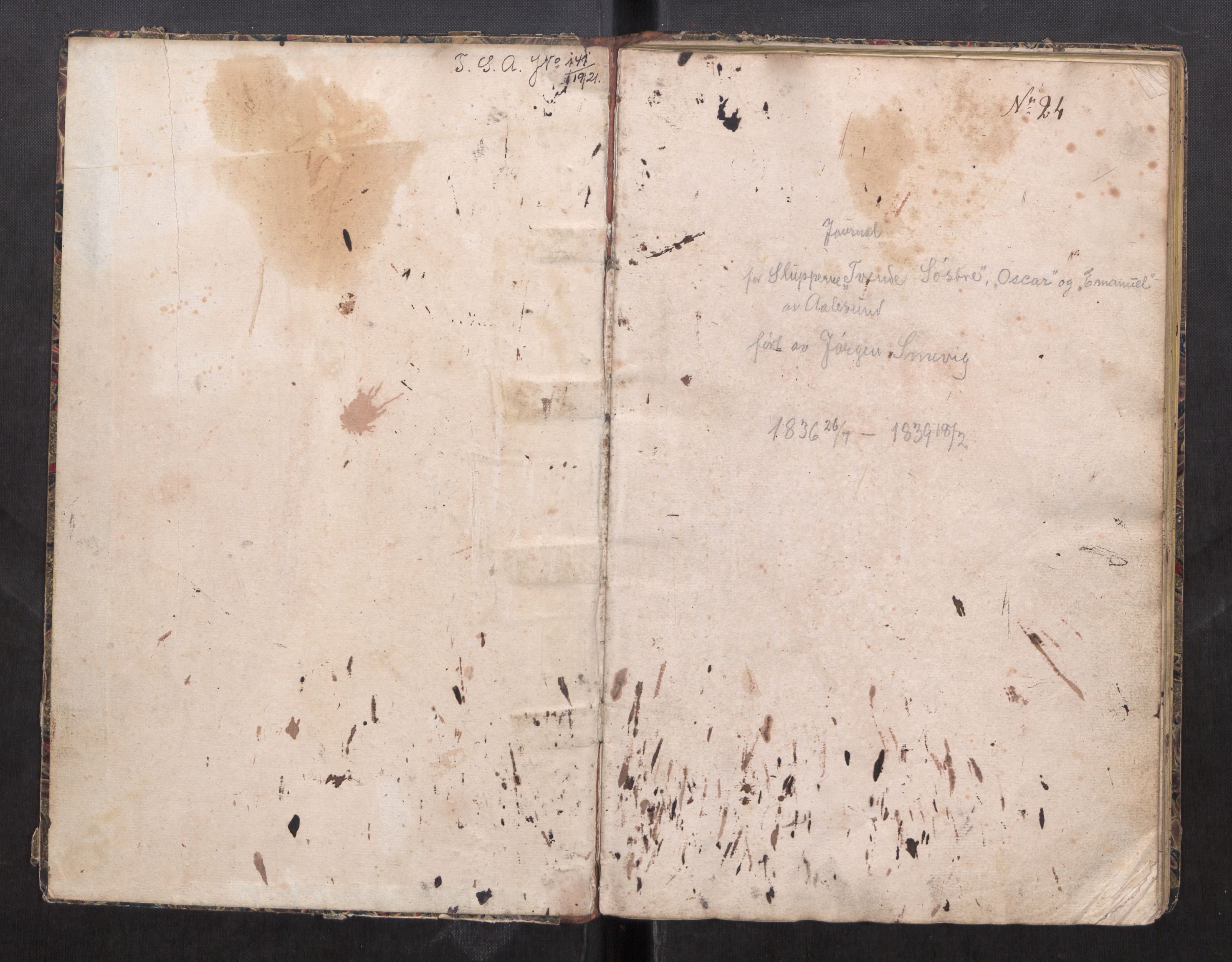 Kristiansund magistrat, AV/SAT-A-0032/F/Fx/L0012: Journal for sluppen "Tvende søstre", "Oskar" og "Emanuel" av Ålesund, 1836-1839