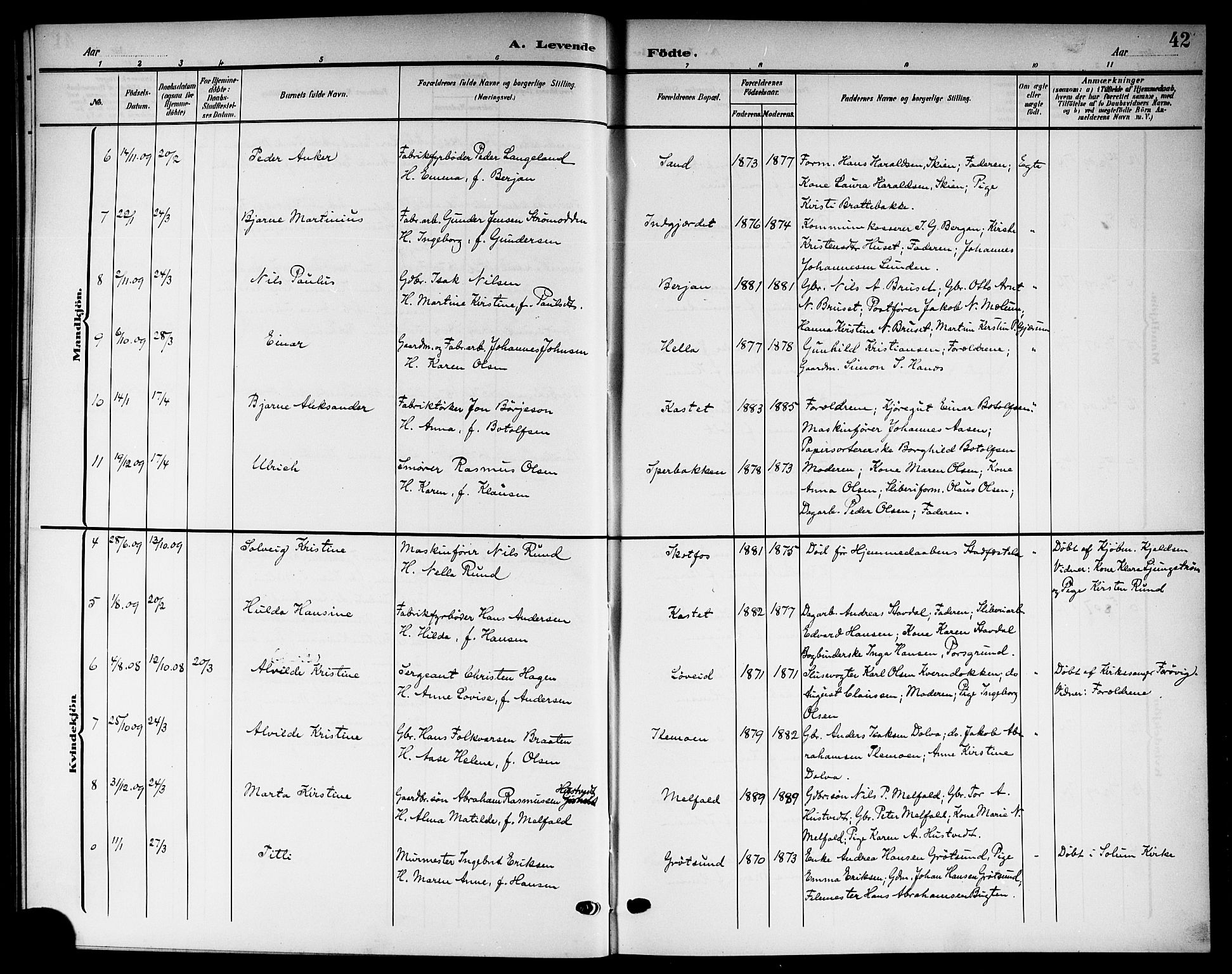 Solum kirkebøker, SAKO/A-306/G/Gb/L0005: Parish register (copy) no. II 5, 1905-1914, p. 42