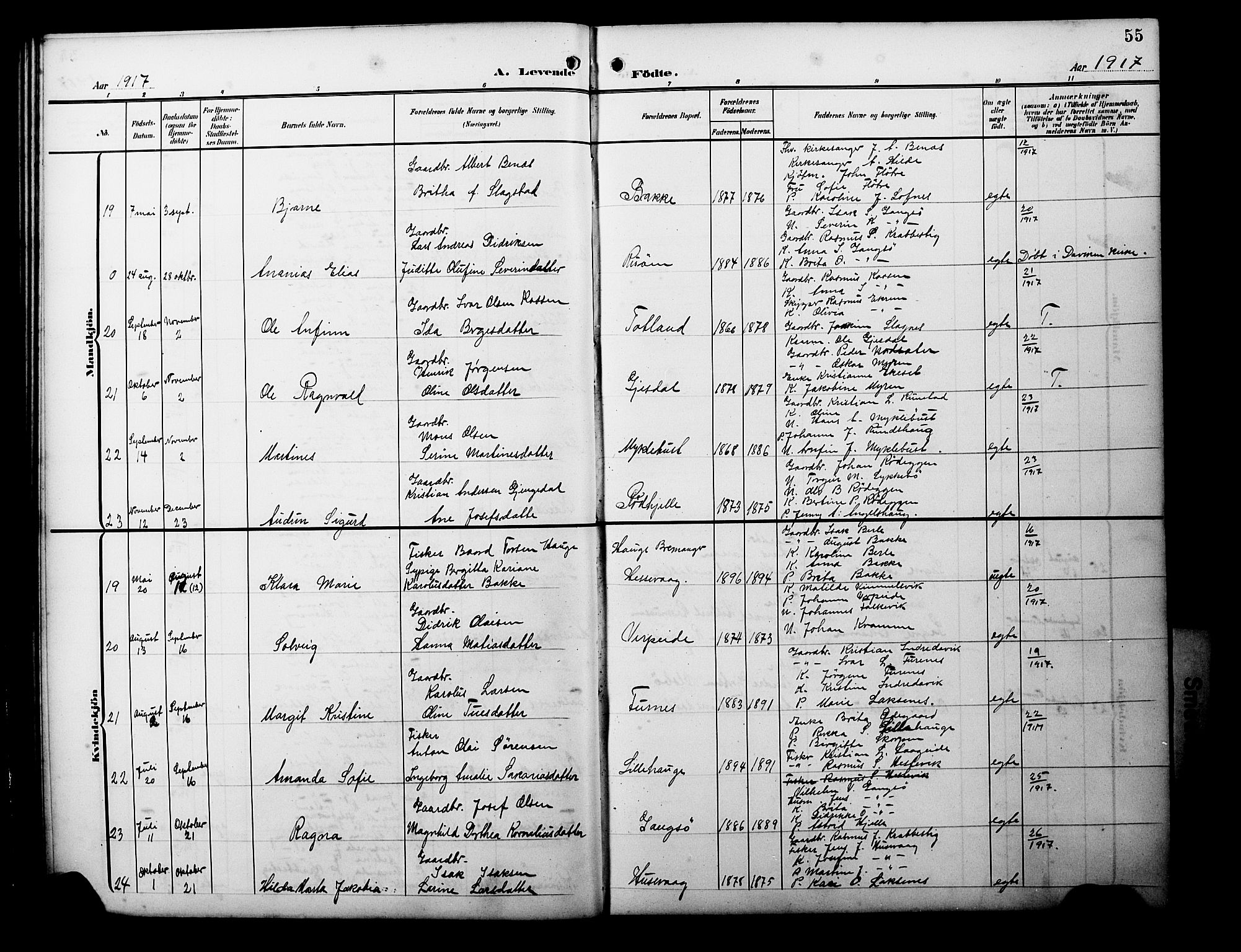 Davik sokneprestembete, AV/SAB-A-79701/H/Hab/Habc/L0003: Parish register (copy) no. C 3, 1907-1929, p. 55