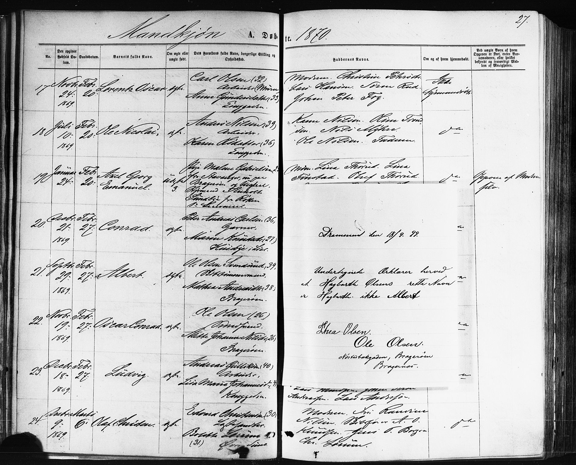 Bragernes kirkebøker, SAKO/A-6/F/Fb/L0004: Parish register (official) no. II 4, 1869-1875, p. 27