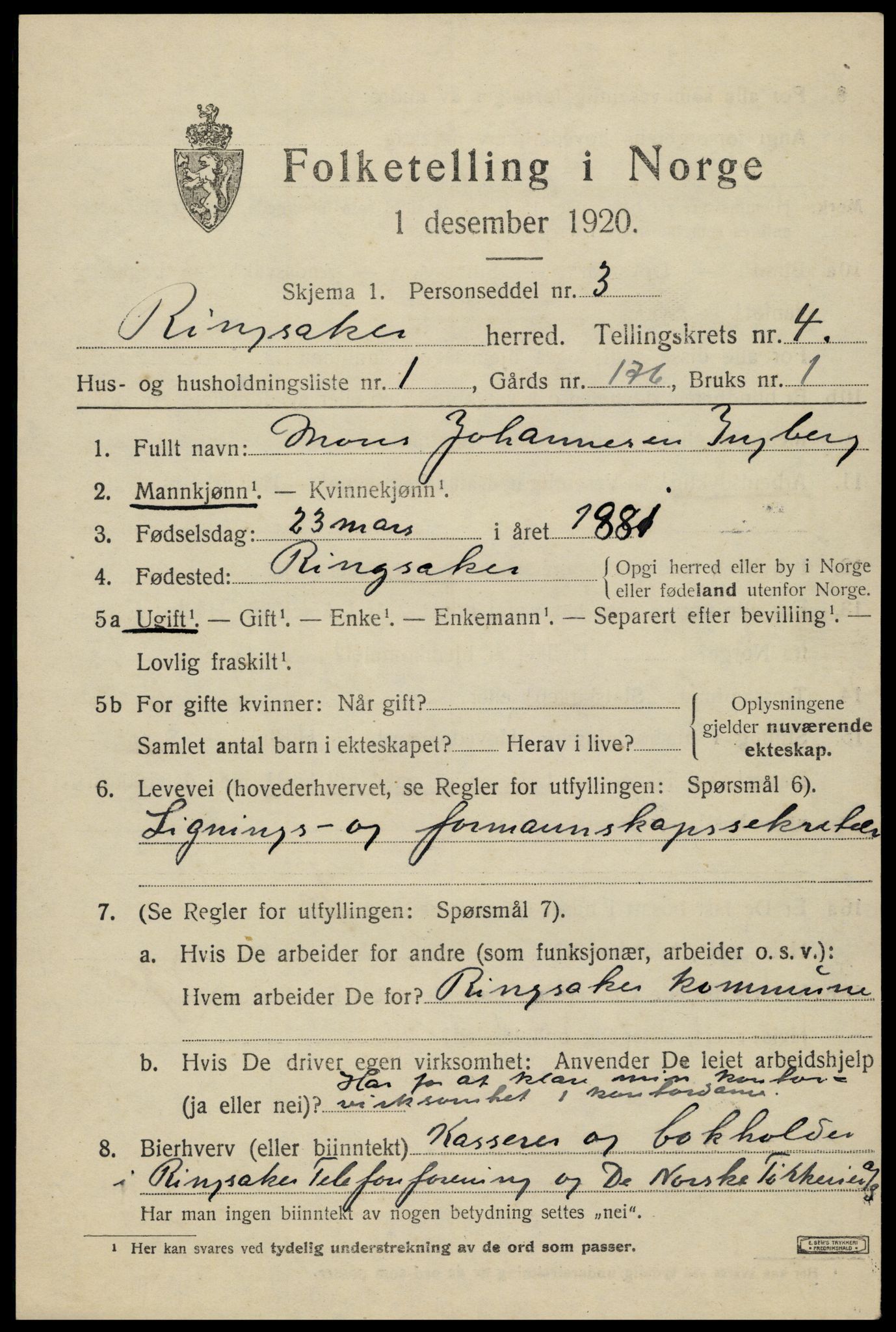 SAH, 1920 census for Ringsaker, 1920, p. 8568