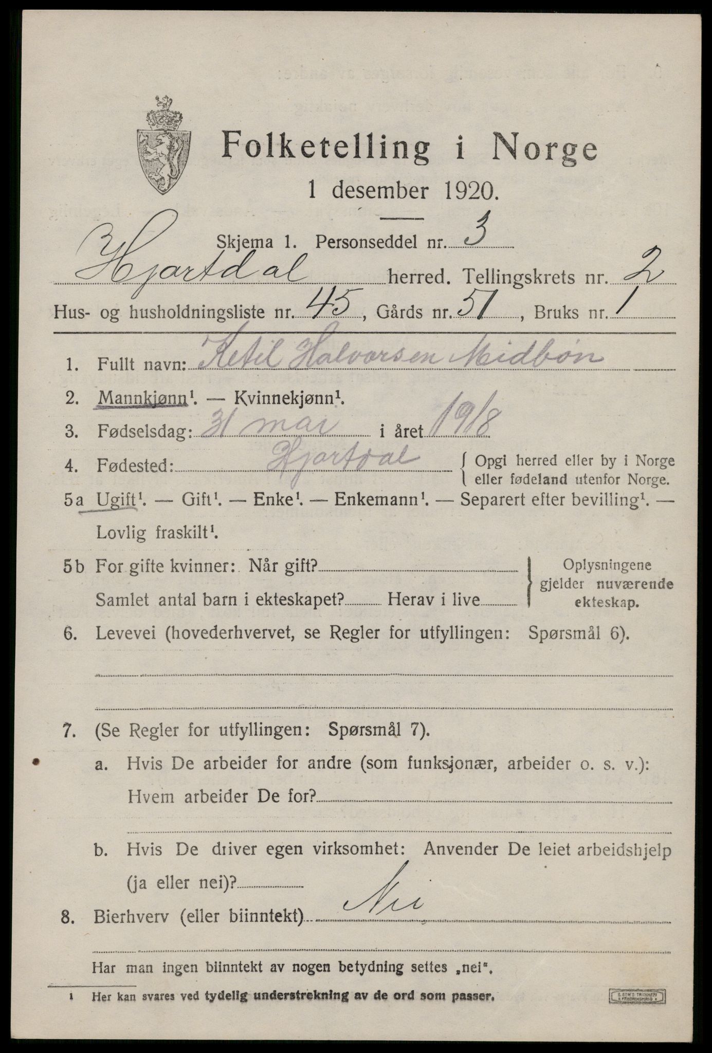 SAKO, 1920 census for Hjartdal, 1920, p. 2288