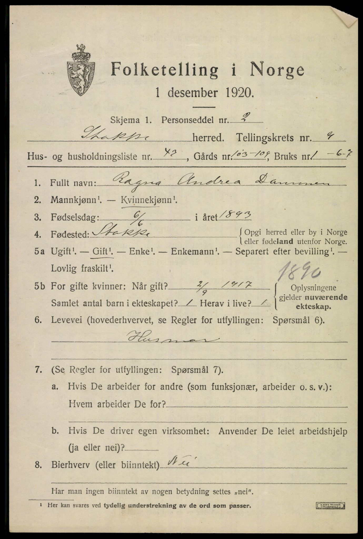 SAKO, 1920 census for Stokke, 1920, p. 10888