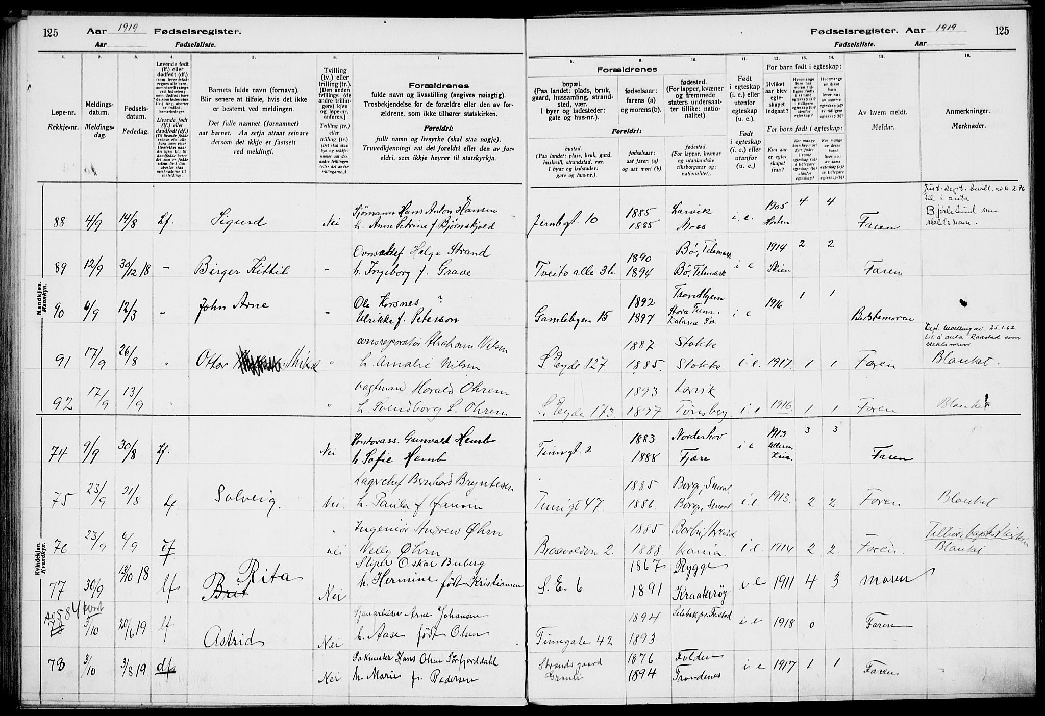 Rjukan kirkebøker, AV/SAKO-A-294/J/Ja/L0001: Birth register no. 1, 1916-1922, p. 125