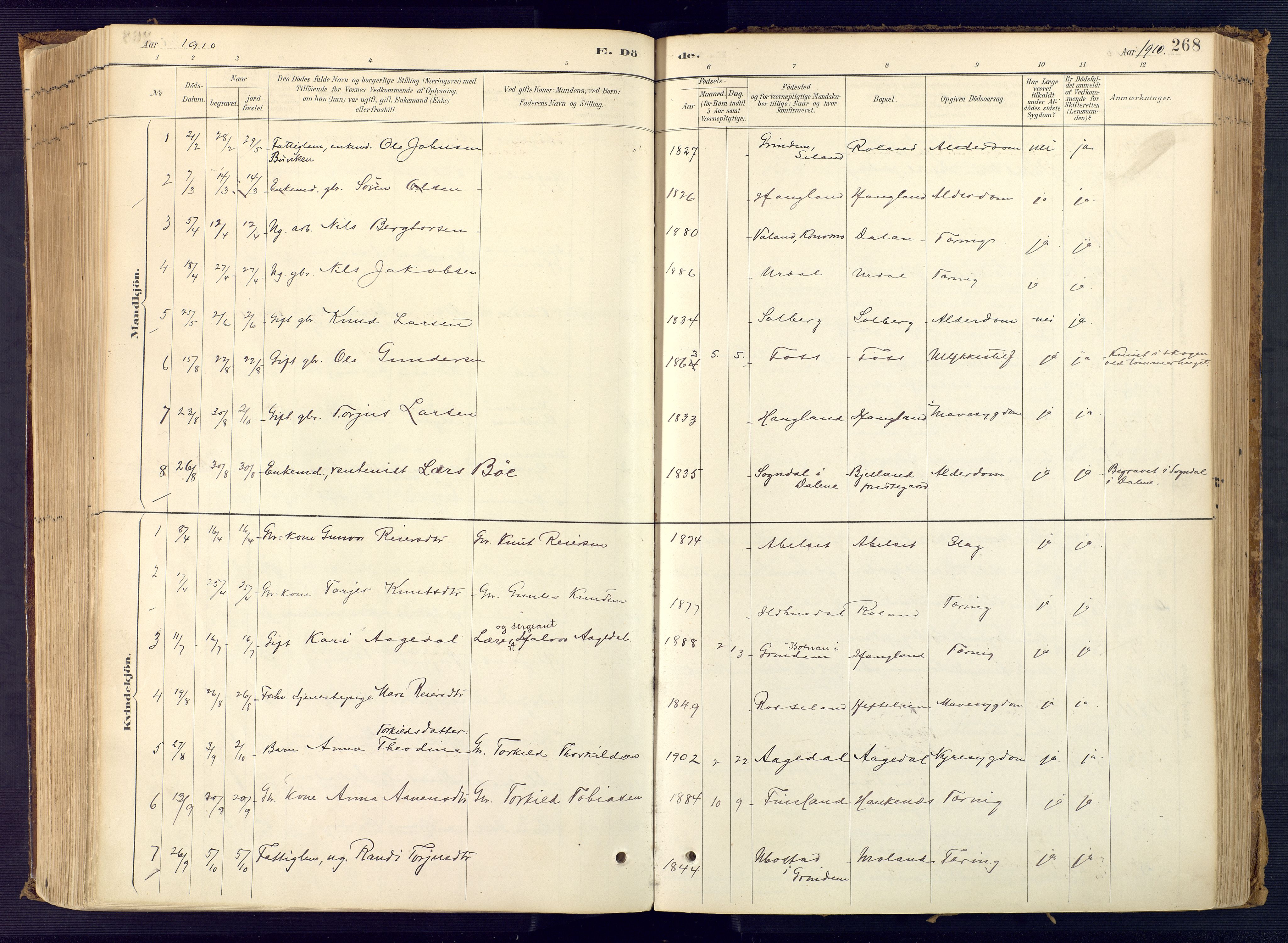 Bjelland sokneprestkontor, SAK/1111-0005/F/Fa/Faa/L0004: Parish register (official) no. A 4, 1887-1923, p. 268
