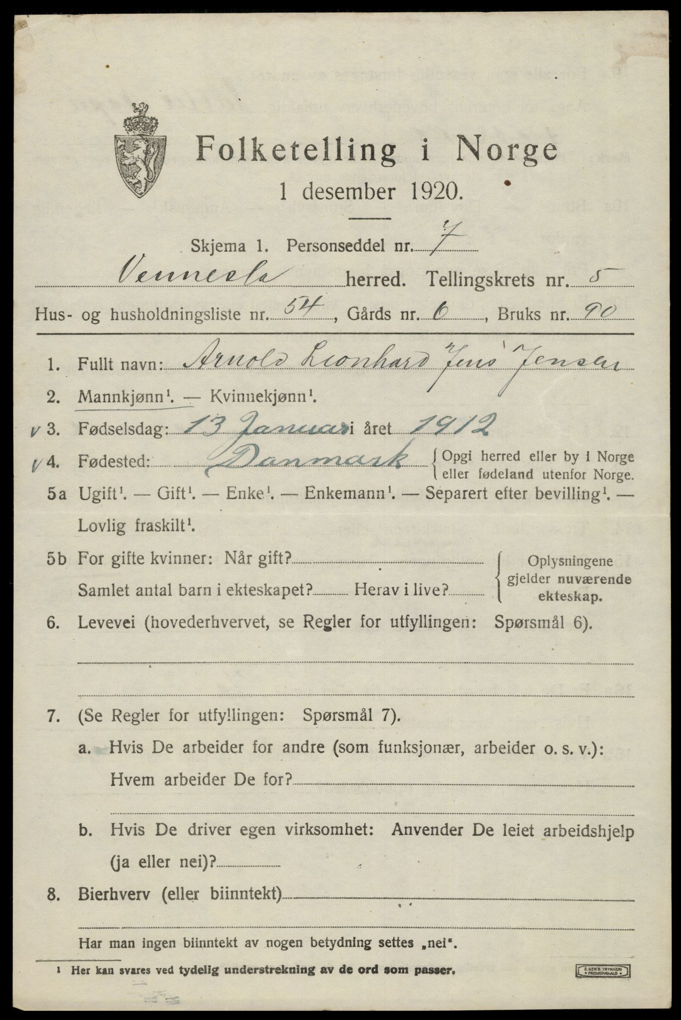 SAK, 1920 census for Vennesla, 1920, p. 4124