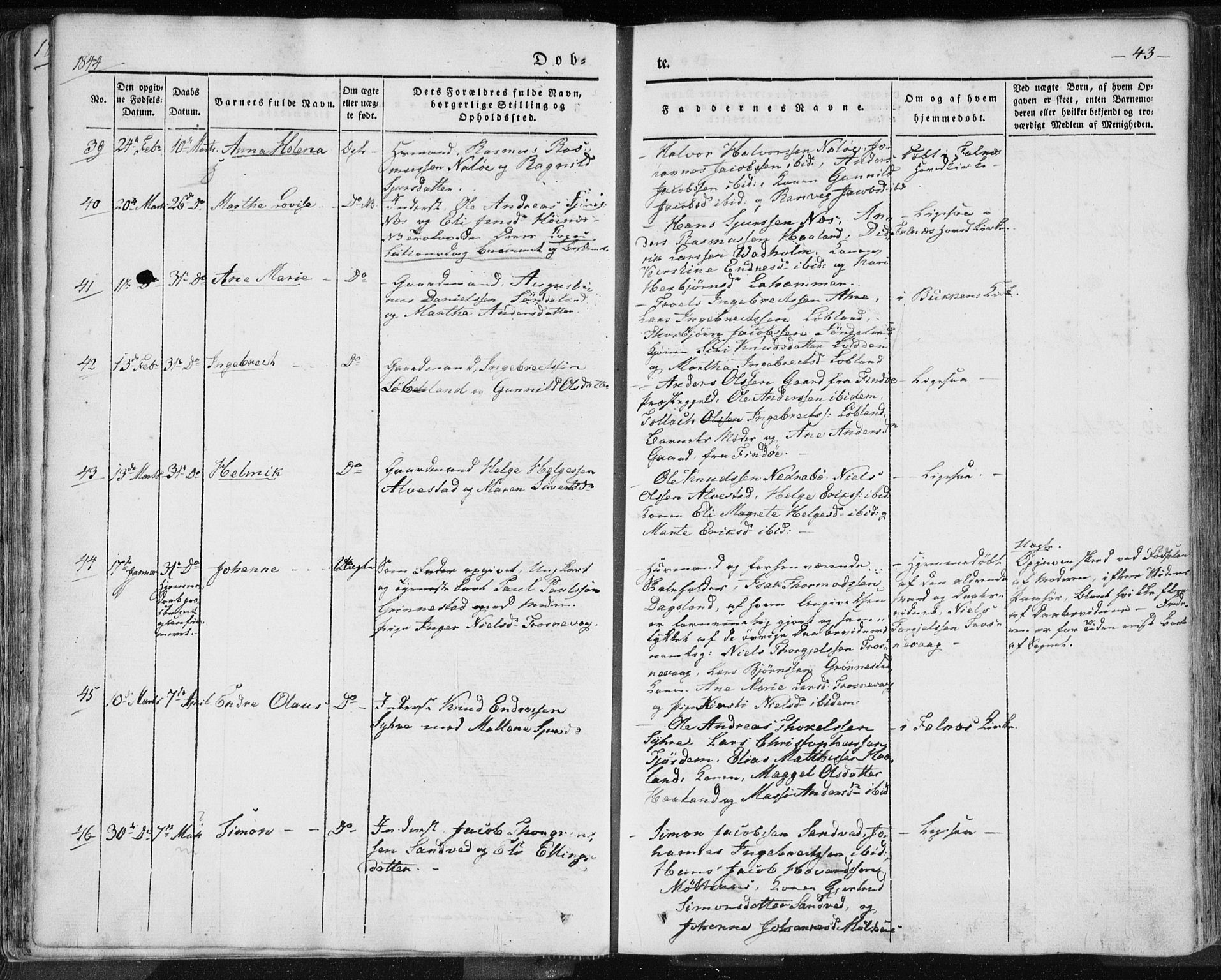 Skudenes sokneprestkontor, SAST/A -101849/H/Ha/Haa/L0002: Parish register (official) no. A 2.1, 1841-1846, p. 43