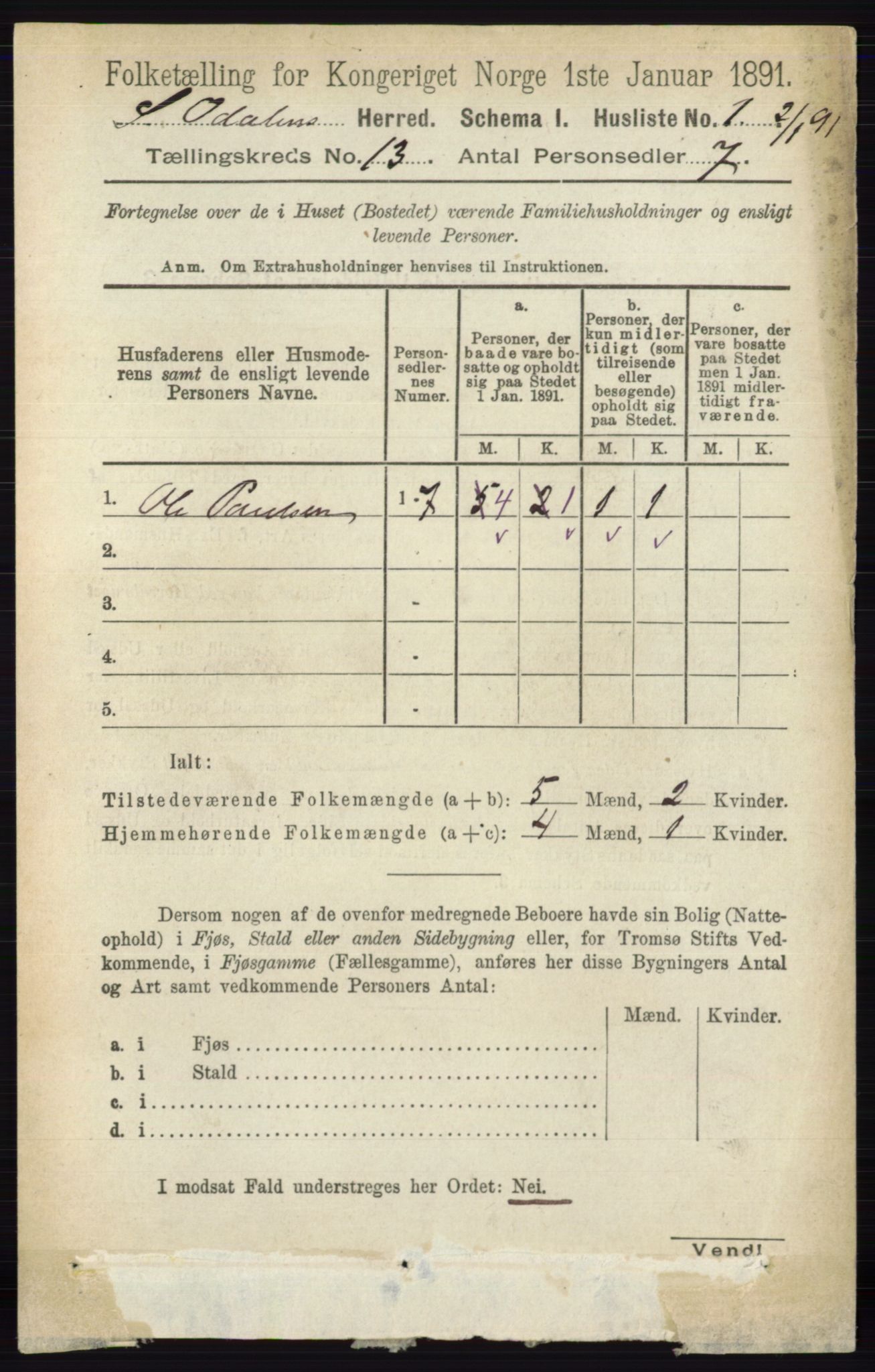 RA, 1891 census for 0419 Sør-Odal, 1891, p. 5507