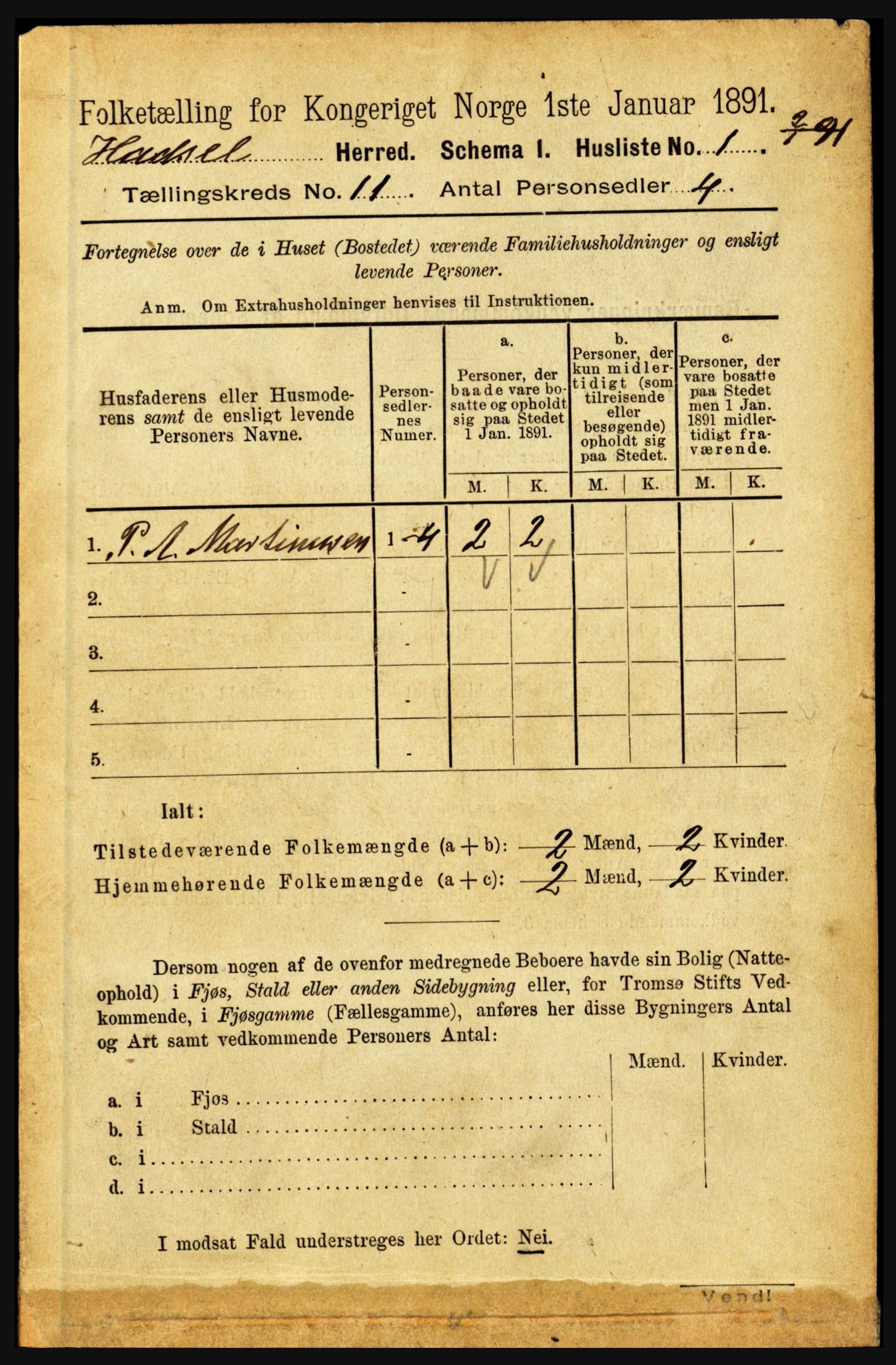 RA, 1891 census for 1866 Hadsel, 1891, p. 4643