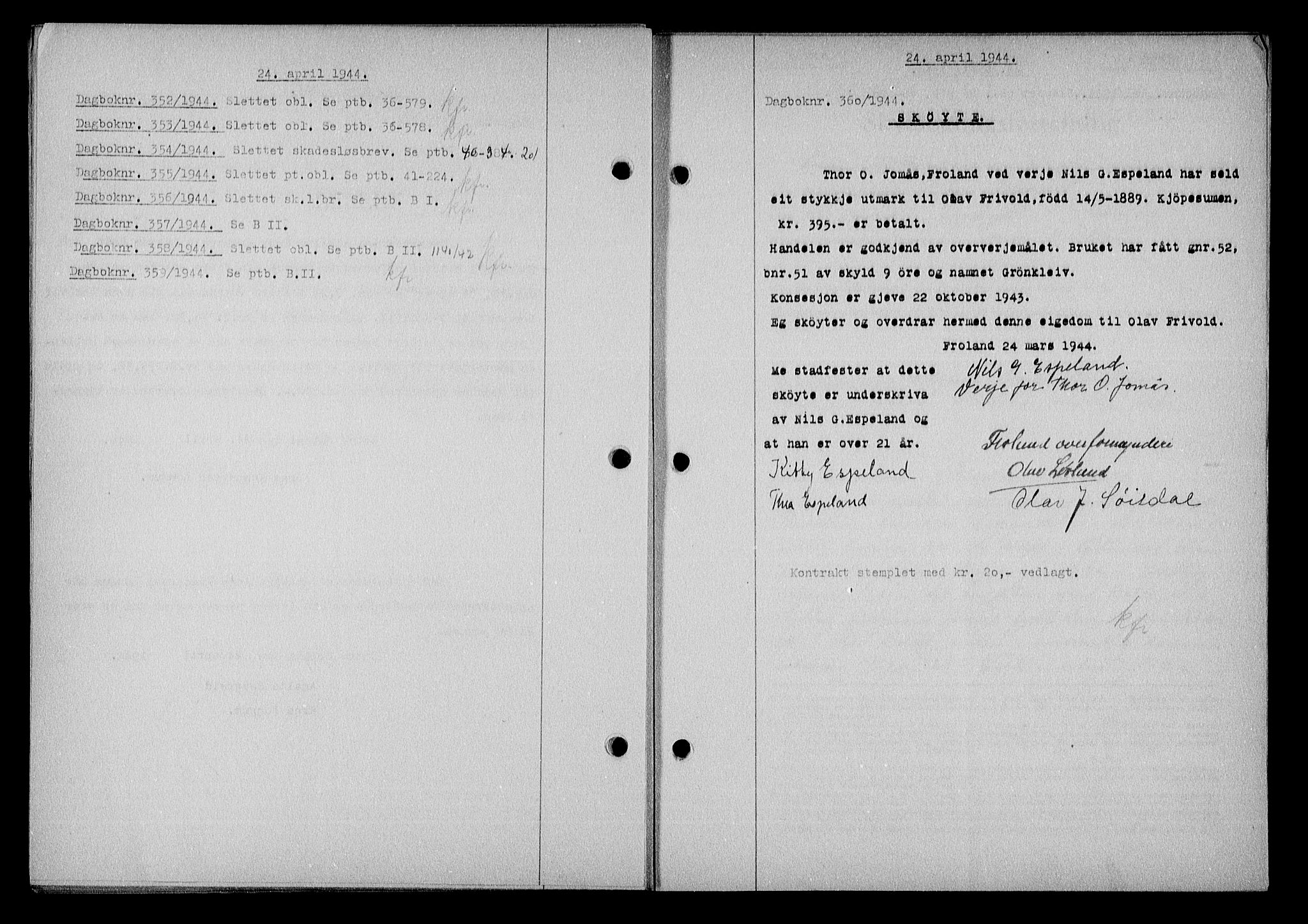 Nedenes sorenskriveri, SAK/1221-0006/G/Gb/Gba/L0051: Mortgage book no. A-V, 1943-1944, Diary no: : 360/1944
