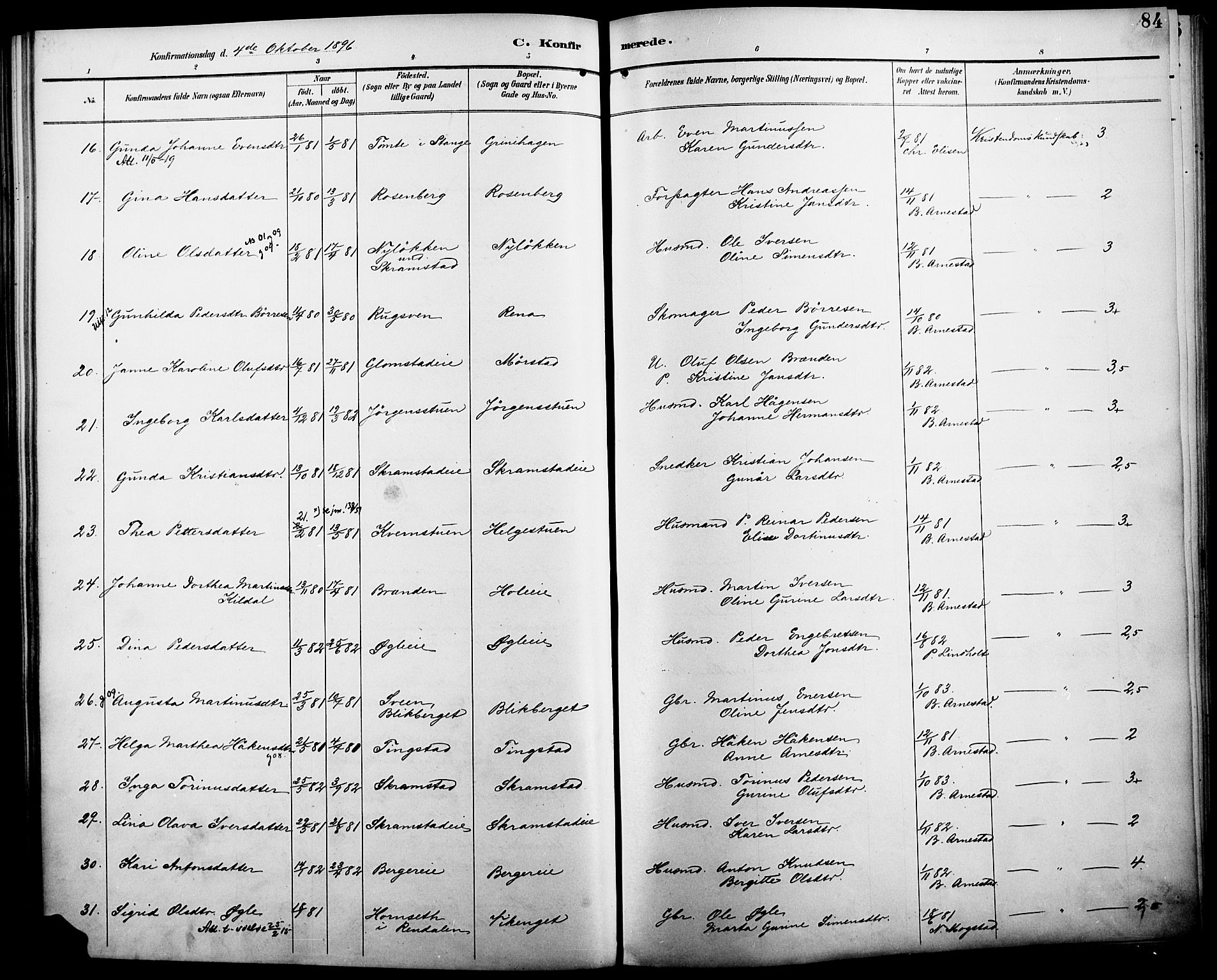 Åmot prestekontor, Hedmark, AV/SAH-PREST-056/H/Ha/Haa/L0011: Parish register (official) no. 11, 1890-1897, p. 84