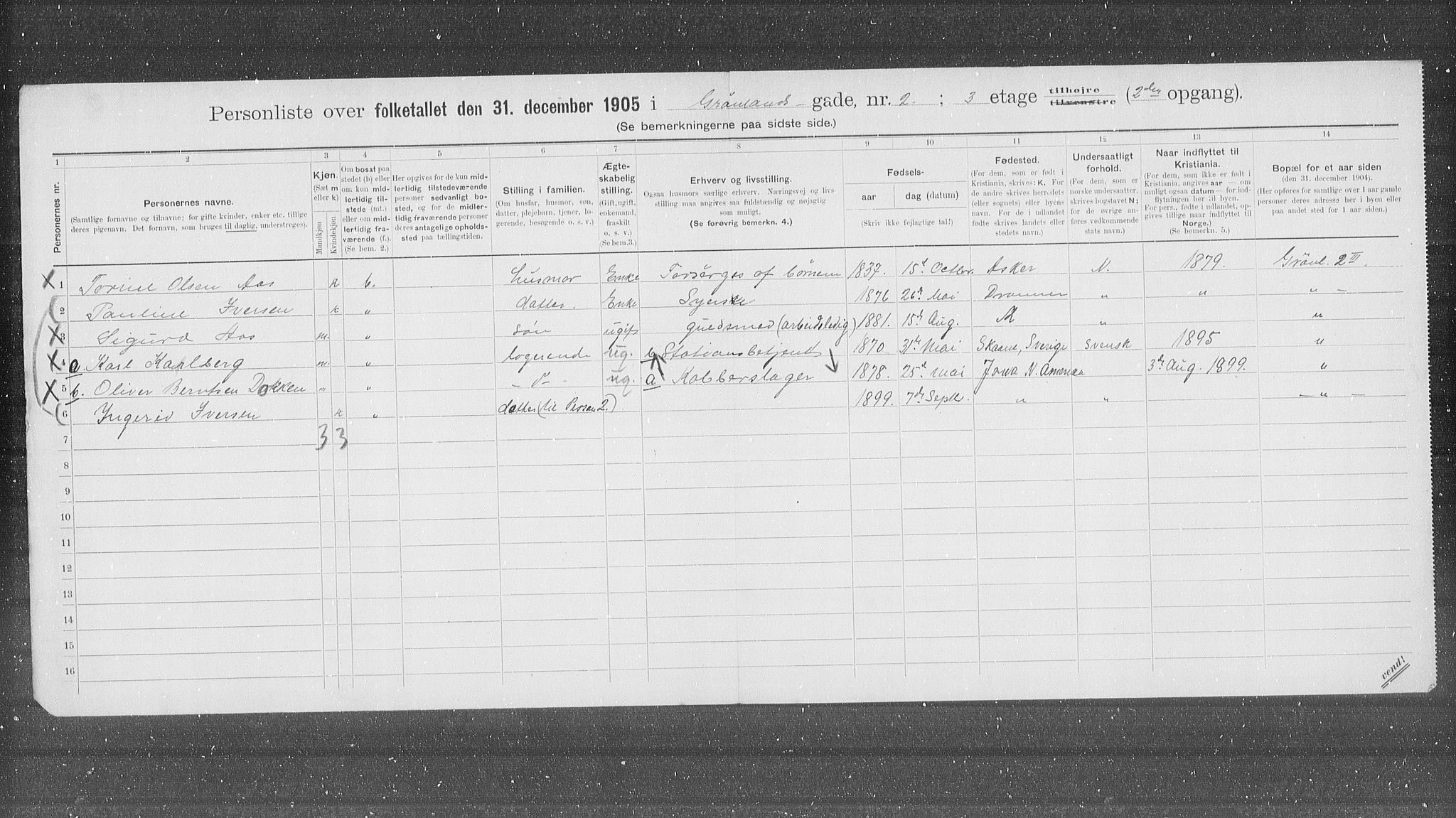 OBA, Municipal Census 1905 for Kristiania, 1905, p. 16239