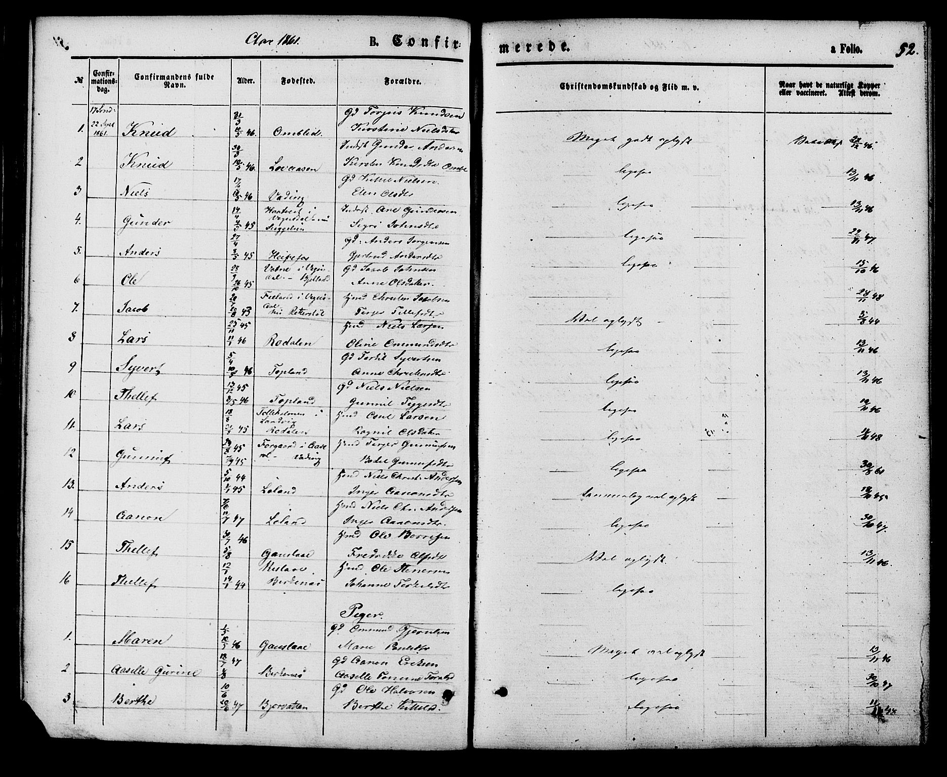 Herefoss sokneprestkontor, SAK/1111-0019/F/Fa/Faa/L0002: Parish register (official) no. A 2, 1861-1886, p. 52